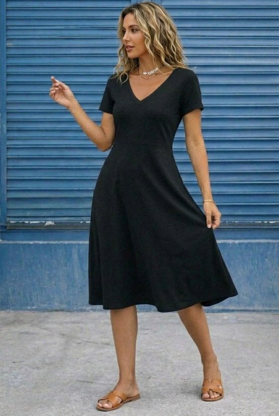 Women's V-Neck Short-Sleeve A-Line Midi Viscose Dress in Black - Janes - by Peralane - photo 3