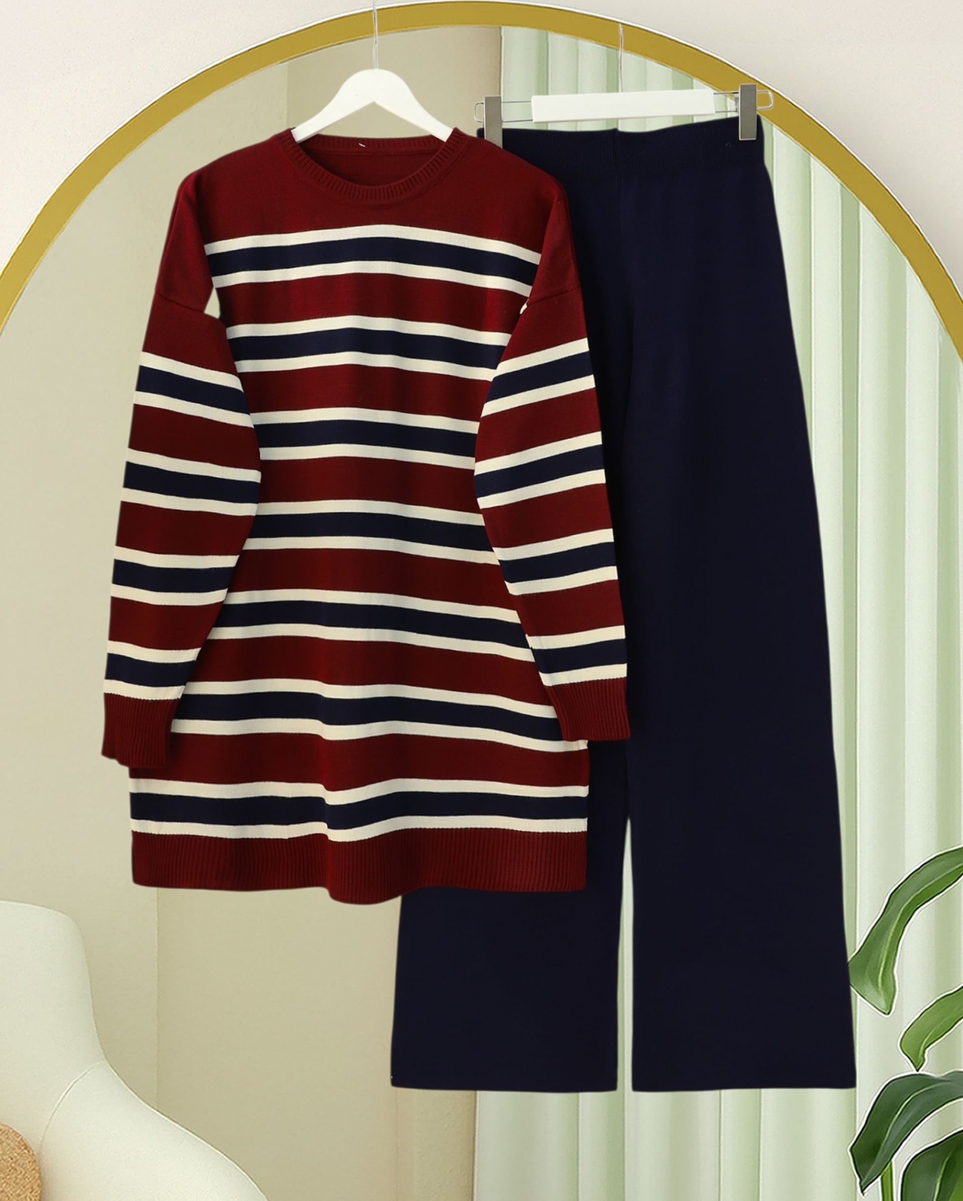 Round Neck Colorful Striped Casual Knit Tunic and Pants Set - Burgundy - Podyumplus - by Peralane - photo 2