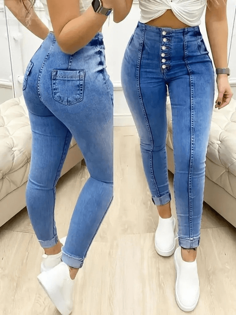 Women's High Waist Button-Fly Jeans - Light Blue Washed Denim - Janes - by Peralane