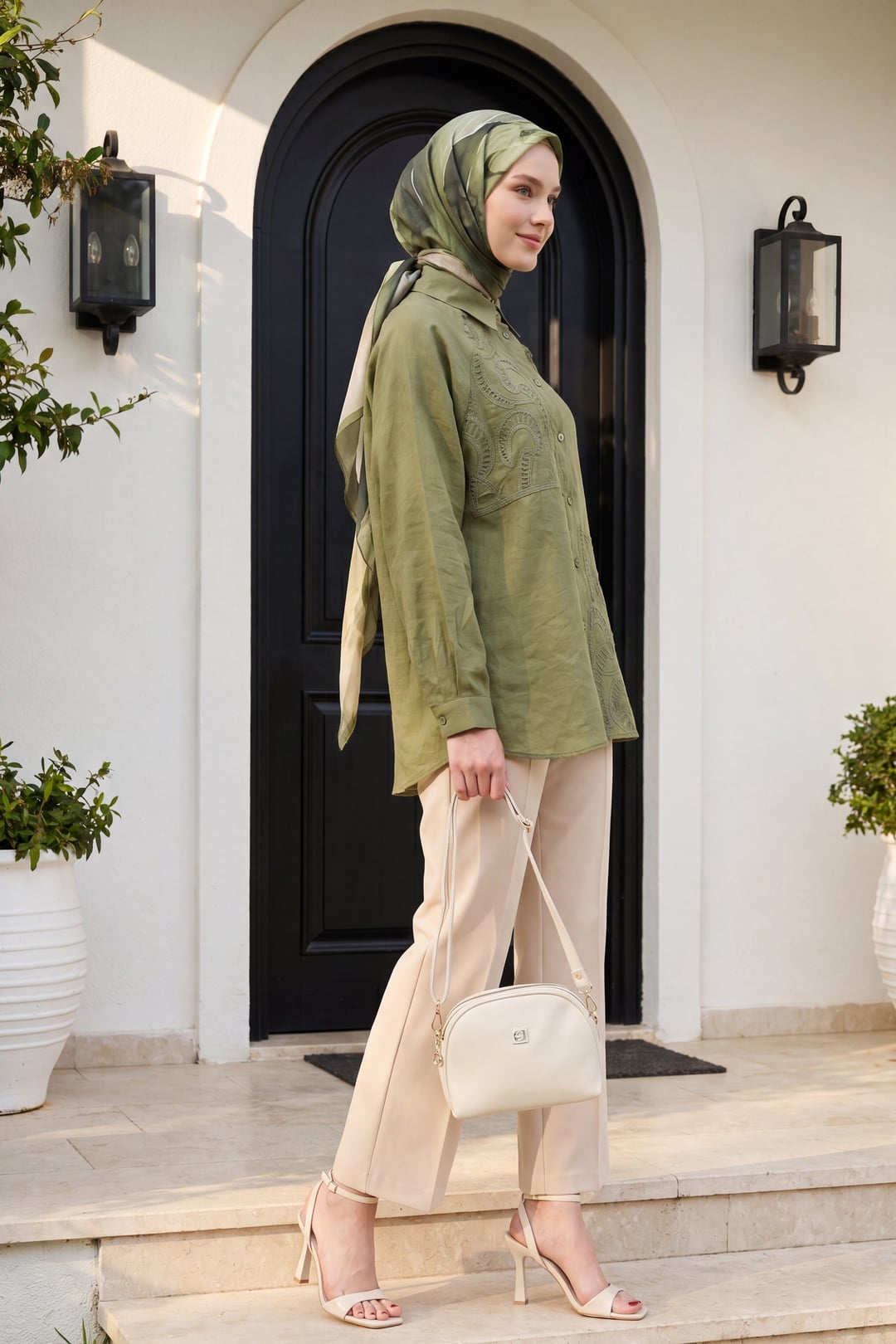 Asymmetric Embroidered Buttoned Tulle Voile Tunic - Khaki - Podyumplus - by Peralane - photo 6