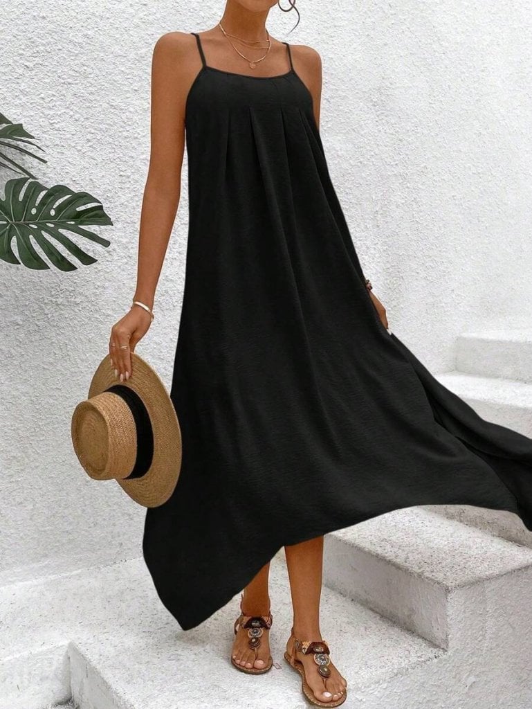 Women's Black Spaghetti Strap Asymmetric V-Neck Flowy Dress - Janes - by Peralane - photo 4
