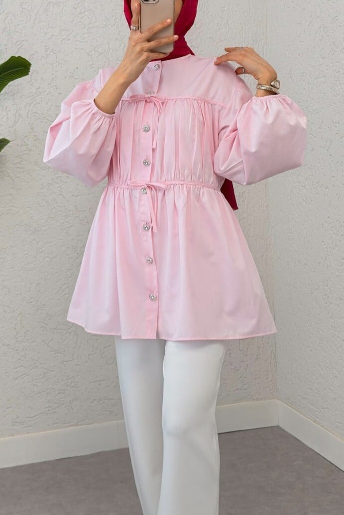 Front Lace-Up Detail Full-Length Button Shirt Tunic - Powder Pink - Podyumplus - by Peralane - photo 2