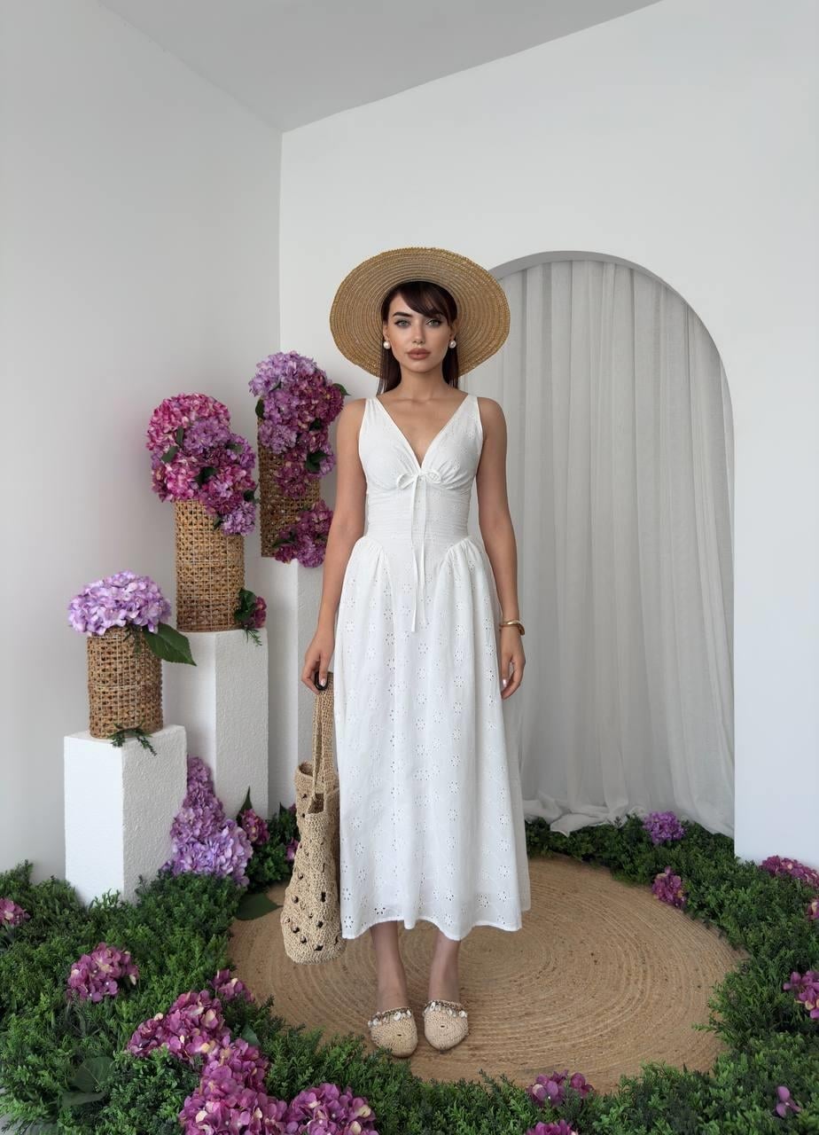 Women's White Embroidered Floral Midi Dress with Tie Detail - Etika - by Peralane - photo 7