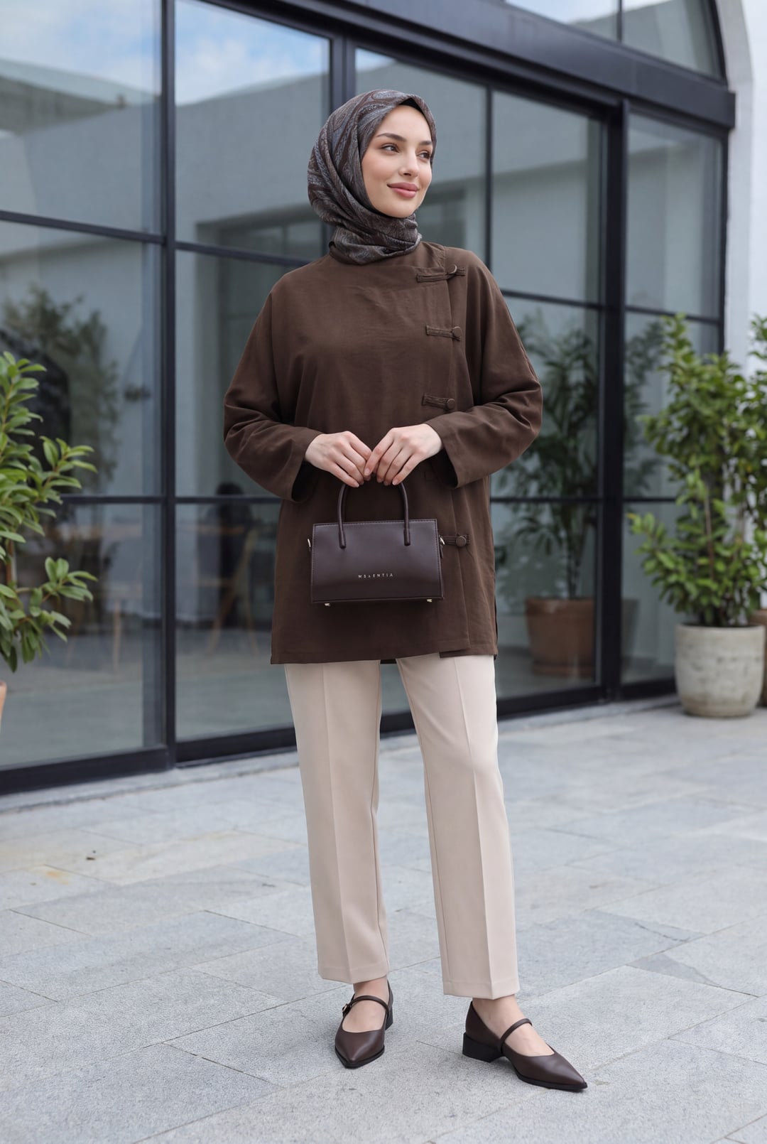 Round Neck Button Front Long Back Poliviscose Tunic - Brown - Podyumplus - by Peralane - photo 4