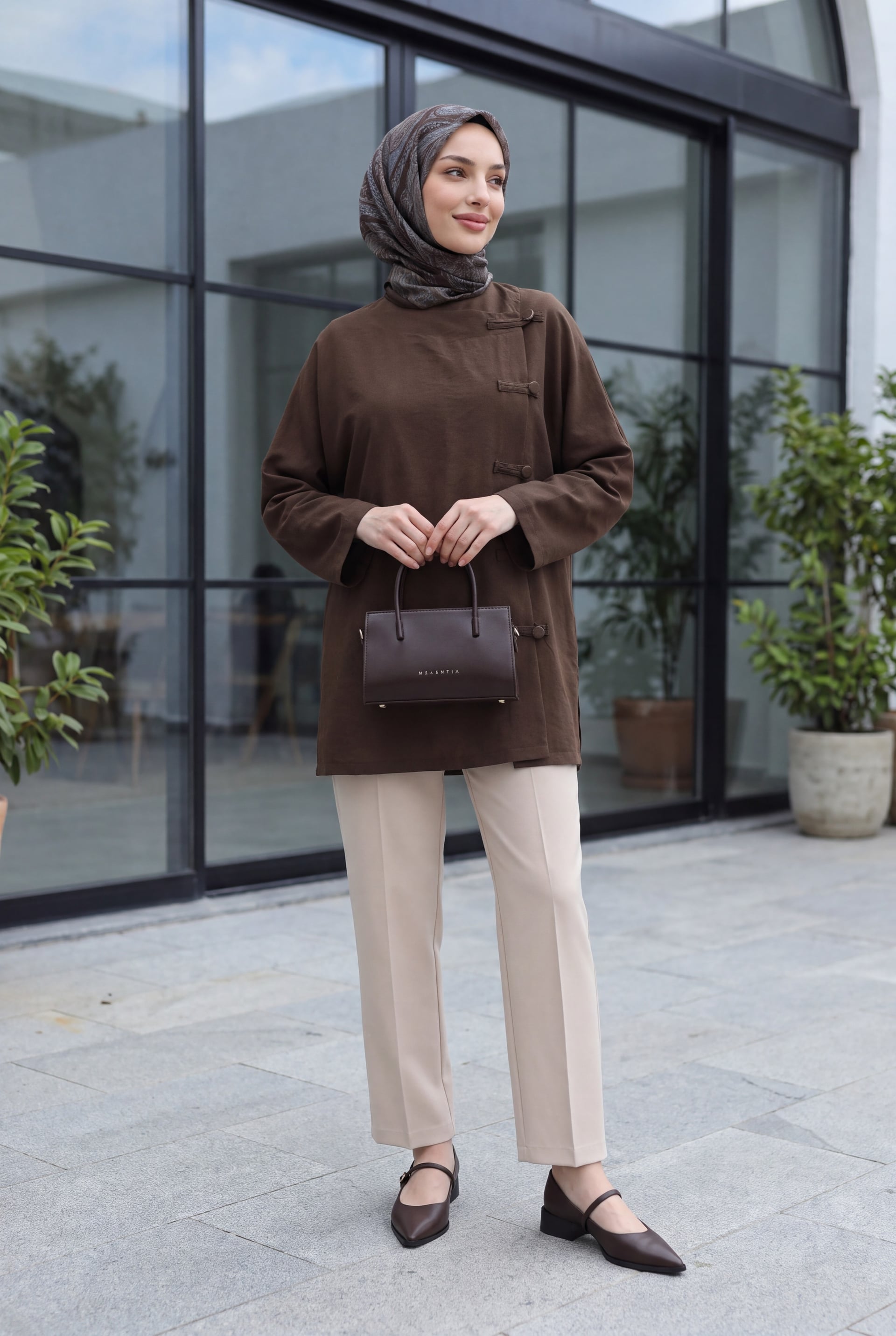 Round Neck Button Front Long Back Poliviscose Tunic - Brown - Podyumplus - by Peralane - photo 4