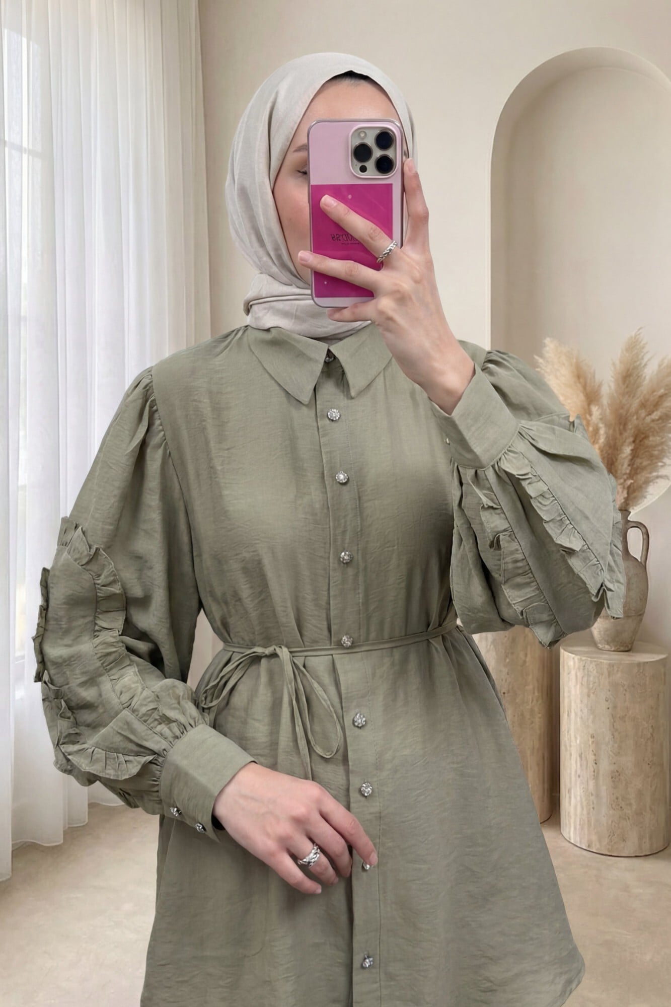 Women's Ruffle Sleeve Stone Button Tie-Front Shirt - Khaki - Podyumplus - by Peralane - photo 5