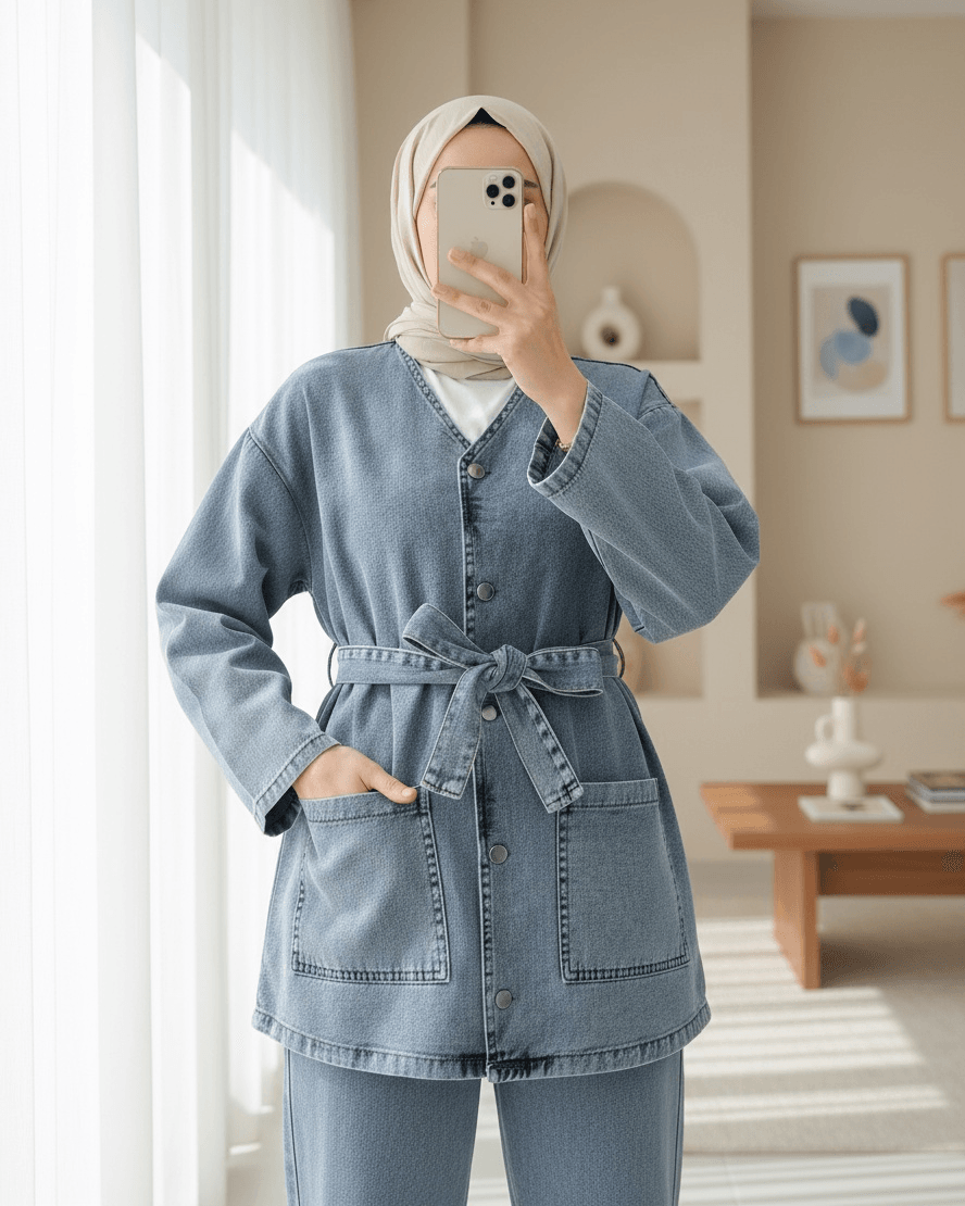 Belted Denim Co-ord Set with Button Front and Pockets - Ice Blue - Podyumplus - by Peralane - photo 2