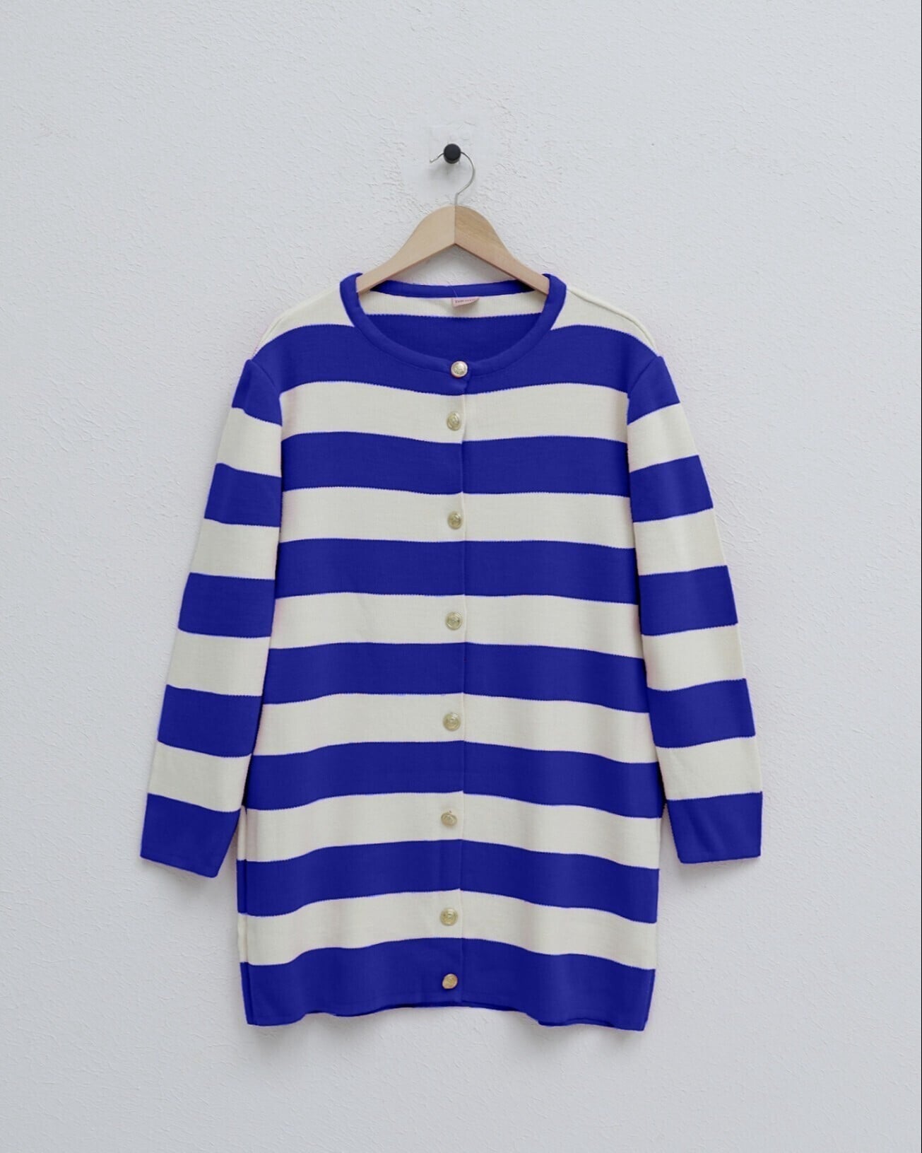 Women's Striped Knit Cardigan with Metal Buttons - Royal Blue and Cream - Podyumplus - by Peralane - photo 3