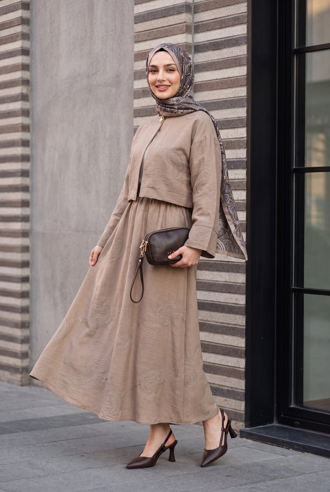 Single Button Embroidered Skirt Jacket Set - Mink - Podyumplus - by Peralane
