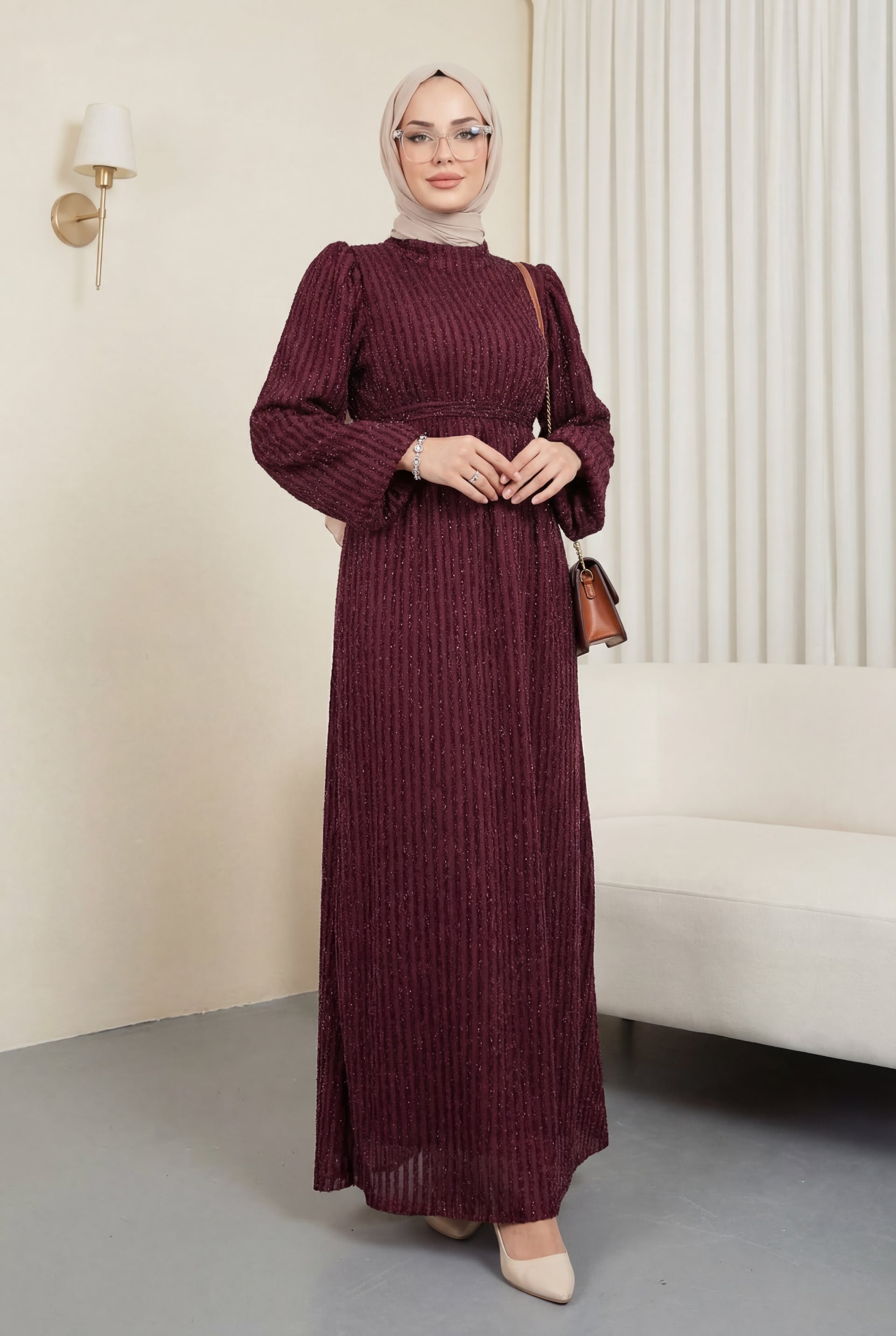 Burgundy Belted Dress with Sequin Stripes and Elasticated Cuffs - Women's - Podyumplus - by Peralane