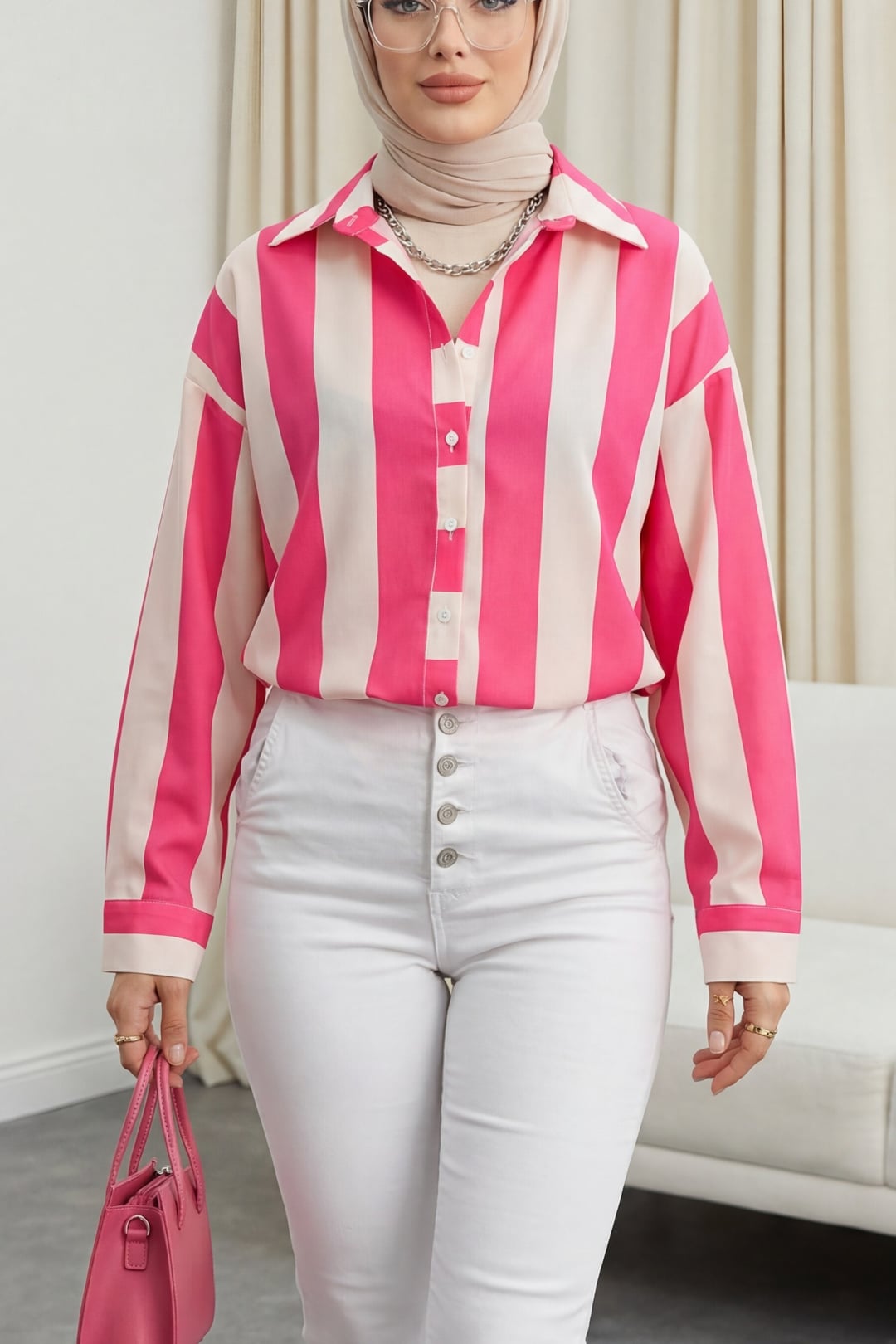 Bold Striped Button-Down Blouse - Fuchsia - Podyumplus - by Peralane
