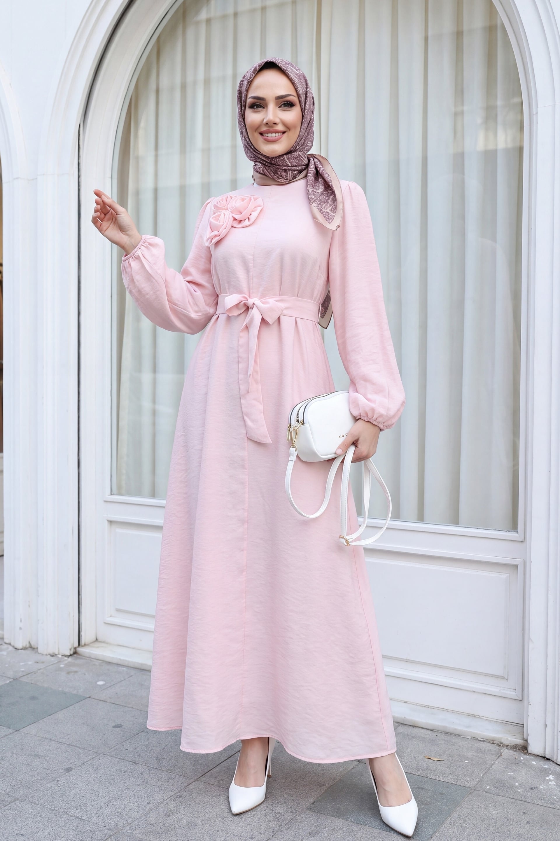 Brooch Detail Belted Lined Balloon Sleeve Tulle Voile Dress - Powder - Podyumplus - by Peralane