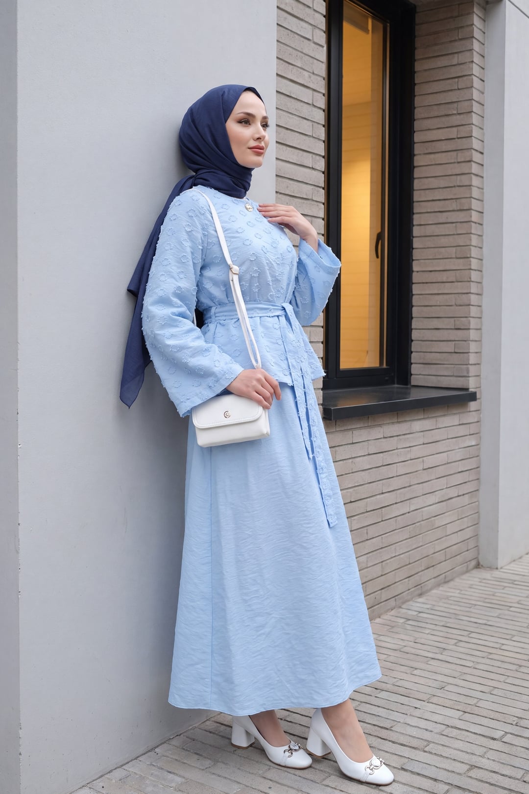 One-Button Belted Skirt Set with Pockets in Raised Jacquard Pattern - Baby Blue - Podyumplus - by Peralane