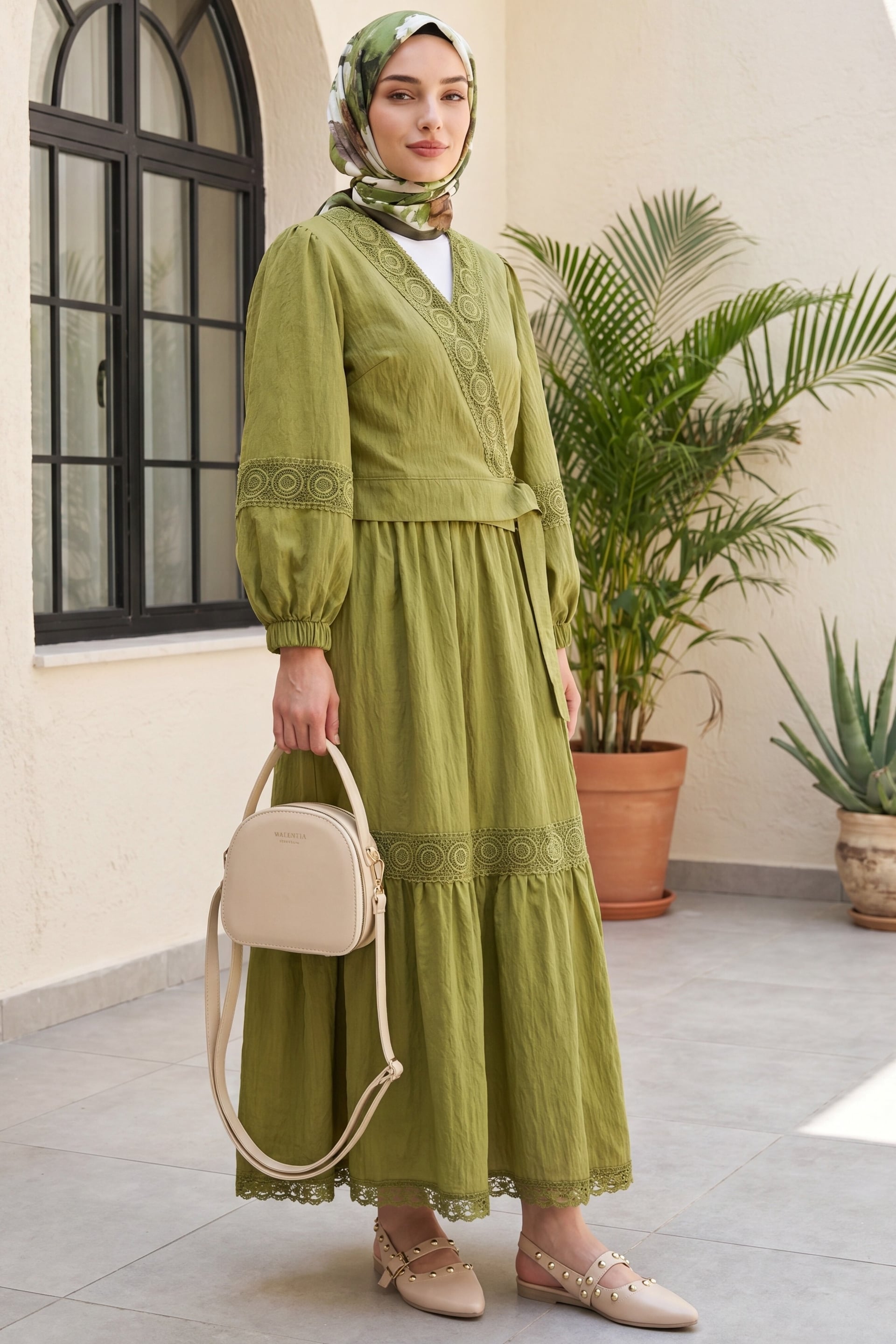Women's Crochet Lace Trim Tie-Front Blouse and Tiered Skirt Set in Olive Green - Podyumplus - by Peralane - photo 6