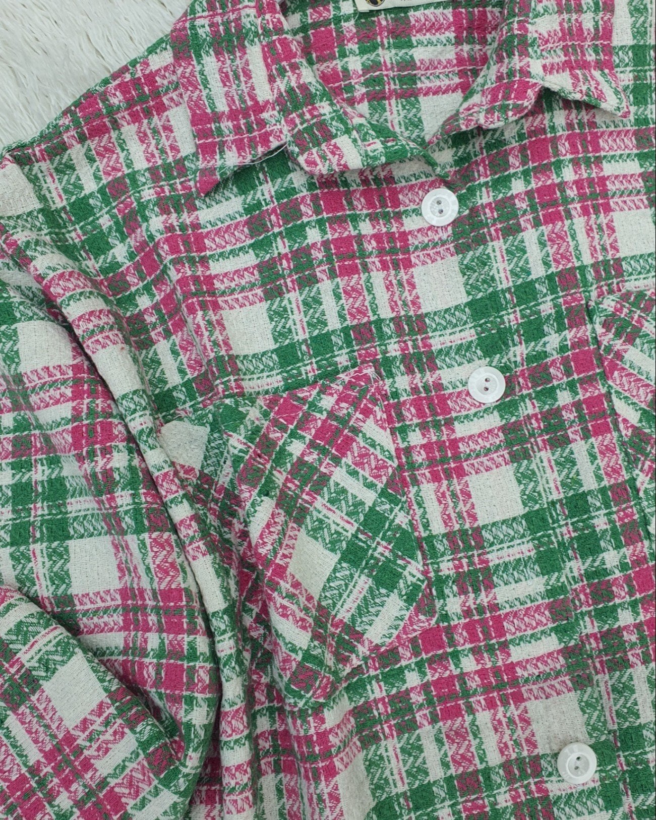 Long-Sleeved Plaid Tweed Shirt with Collar and Chest Pockets - Pink - Podyumplus - by Peralane - photo 7