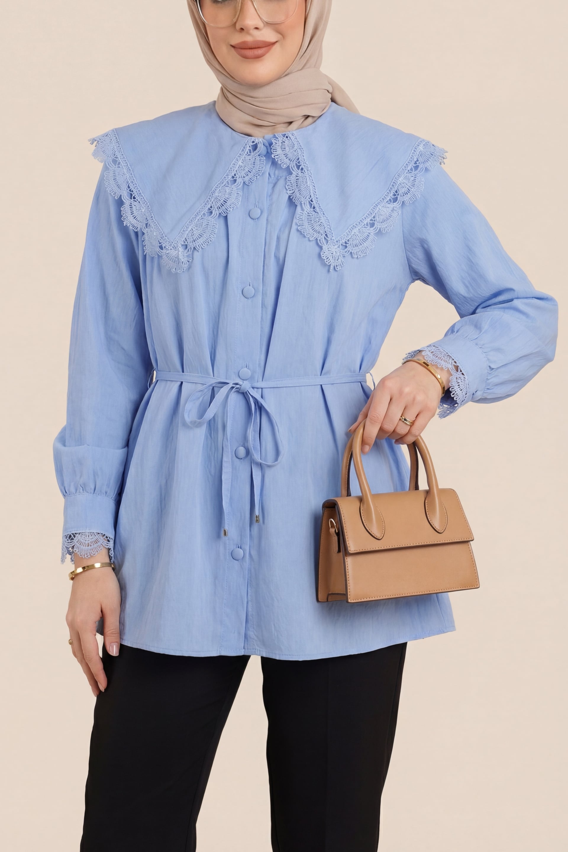 Baby Collar Scalloped Tie Waist Modal Tunic - Blue - Podyumplus - by Peralane - photo 4