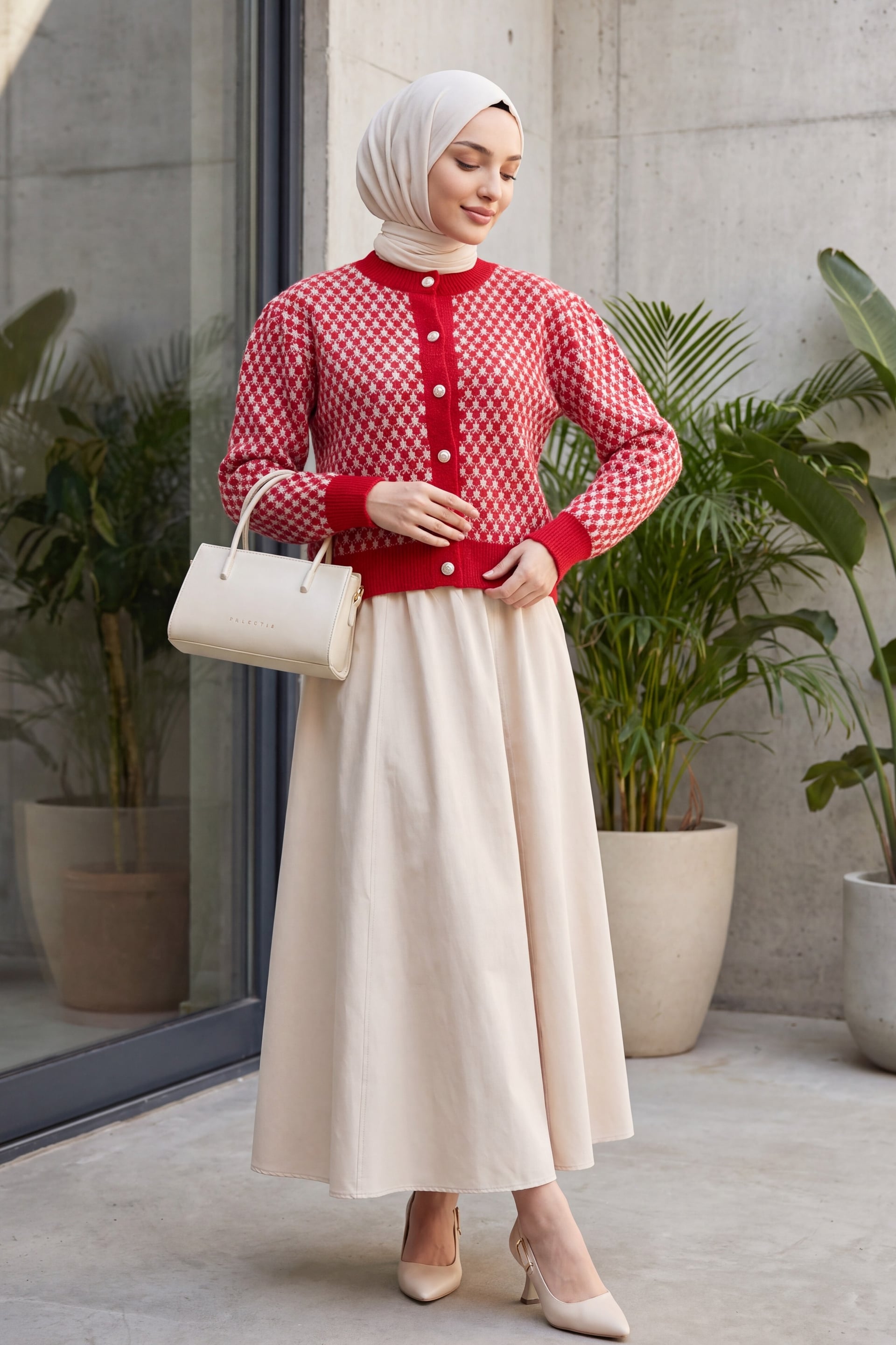 Round Neck Buttoned Patterned Knit Cardigan - Red - Podyumplus - by Peralane - photo 5