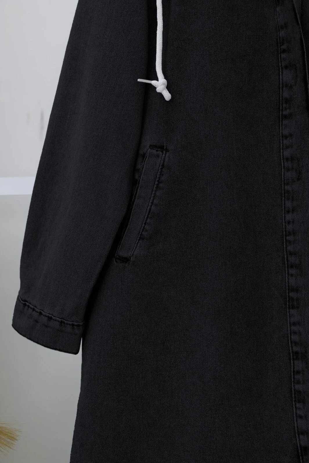 Hooded Button-Front Oval-Cut Denim Jacket - Black - Podyumplus - by Peralane - photo 5