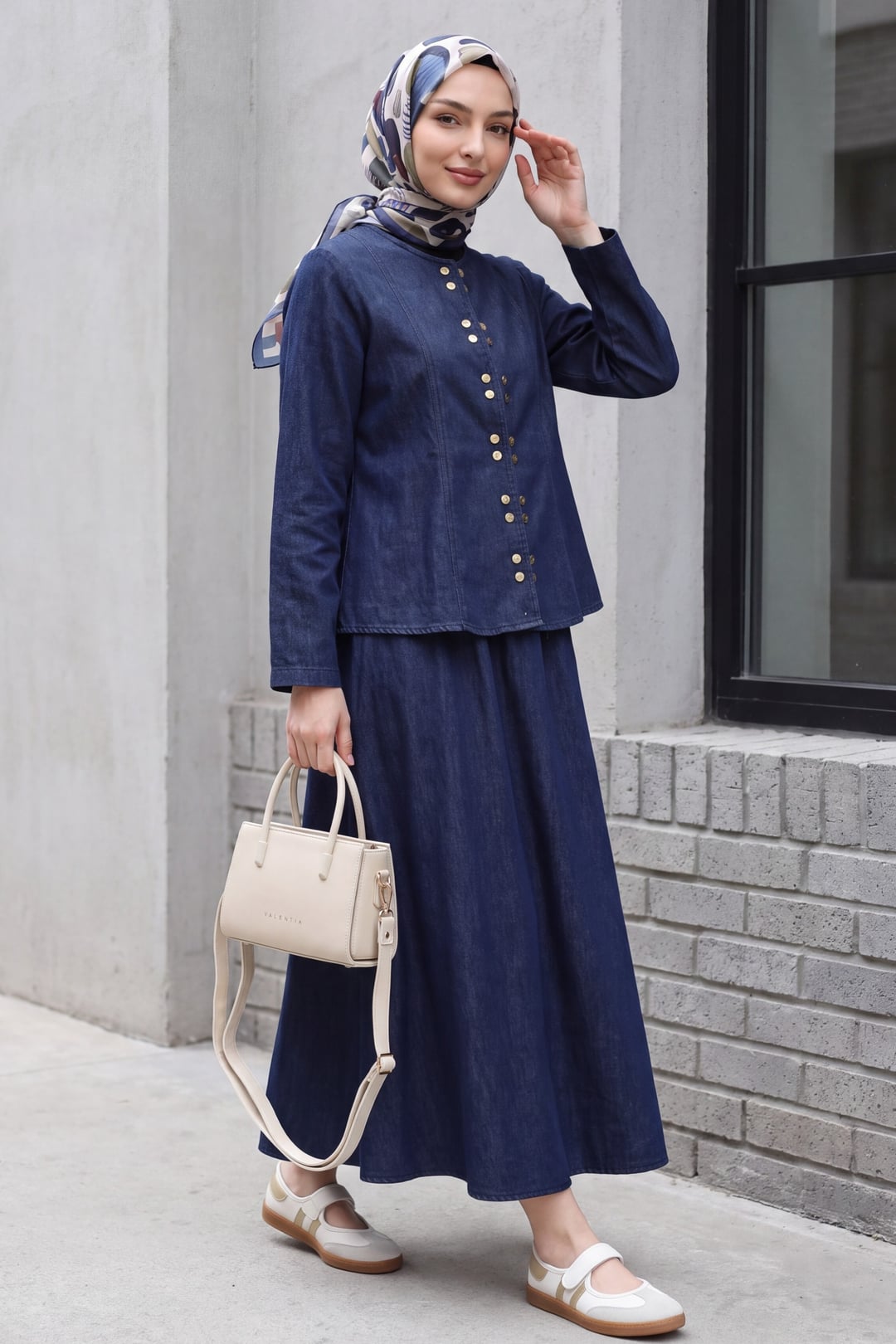 Snap-Front Laced Skirt Denim Co-ord Set - Dark Navy - Podyumplus - by Peralane