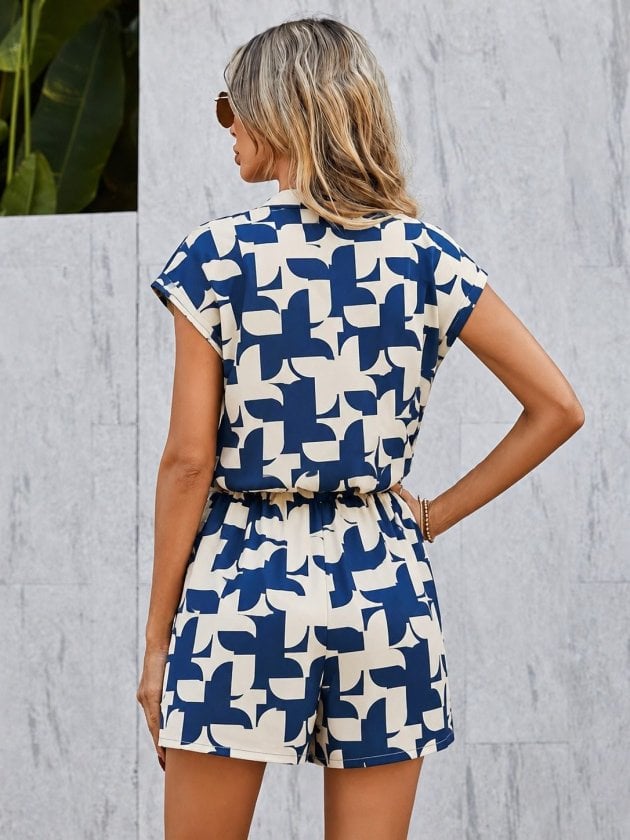 Women's Short-Sleeve V-Neck Button-Front Patterned Modal Short Jumpsuit - Janes - by Peralane - photo 3