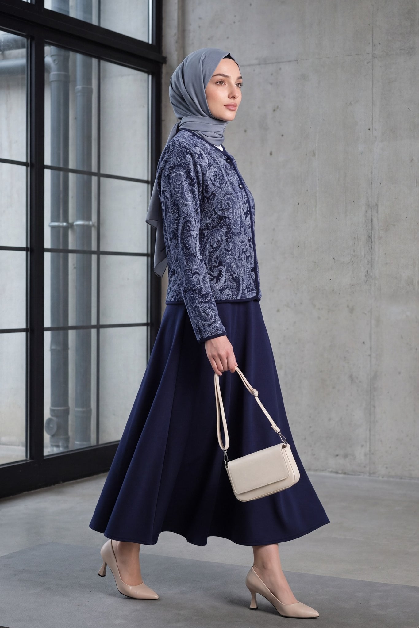 Navy Blue Ethnic Print Scuba Two-Piece Set with Jacket and Skirt - Podyumplus - by Peralane - photo 2