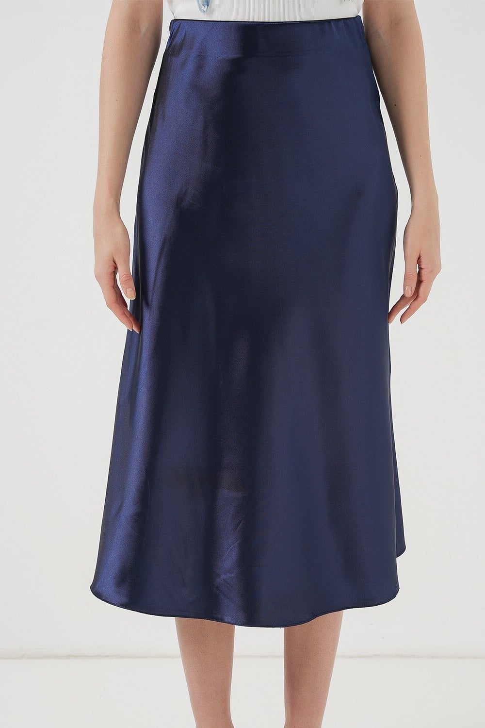 Navy Blue Satin A-Line Midi Skirt - Wholeskop - by Peralane