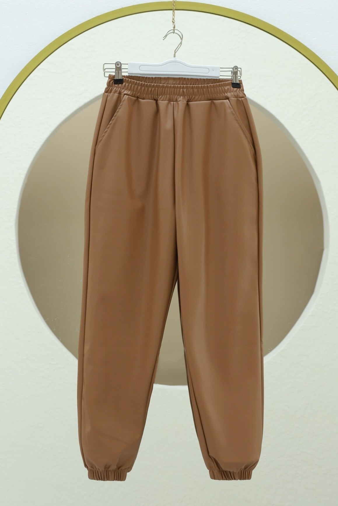 Elasticated Waist and Cuffed Ankle Faux Leather Trousers - Tan - Podyumplus - by Peralane - photo 4