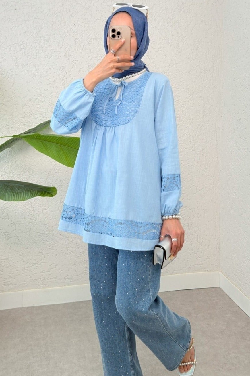 Blue Lace Trim Tie-Neck Tunic with Elasticated Cuffs - Podyumplus - by Peralane - photo 10