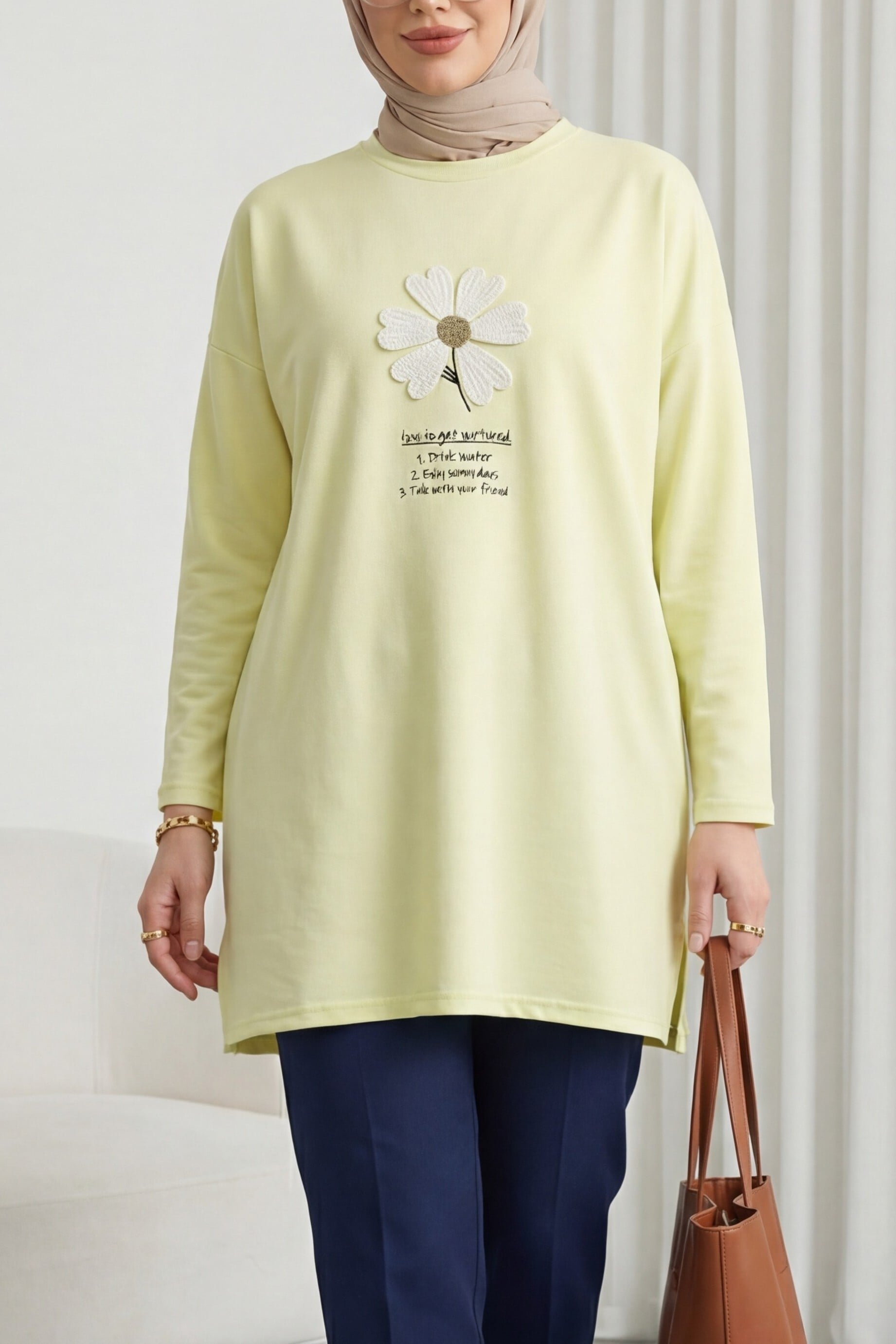 Crew Neck Jersey Tunic with Floral Appliqué - Pale Yellow - Podyumplus - by Peralane - photo 3