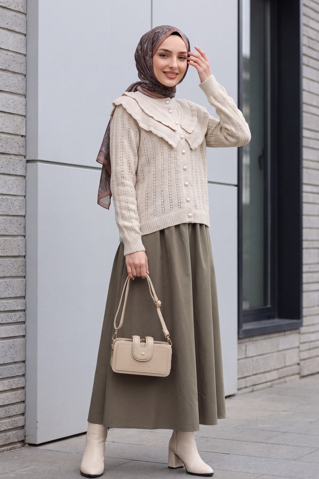 Cream Textured Knit Cardigan with Ruffled Collar - Podyumplus - by Peralane - photo 3