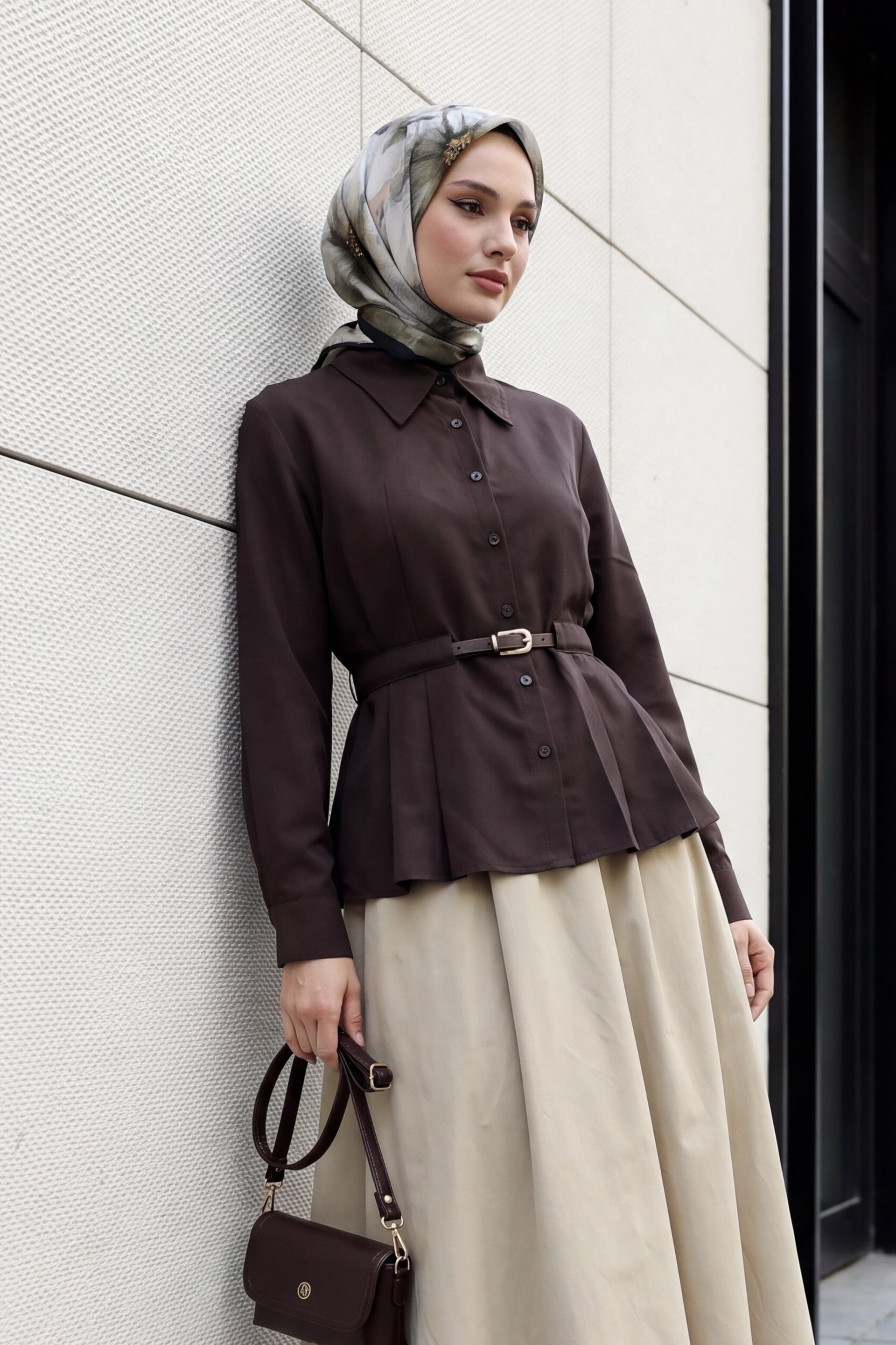 Belted Pleated Long-Sleeve Blouse - Dark Brown - Podyumplus - by Peralane - photo 2