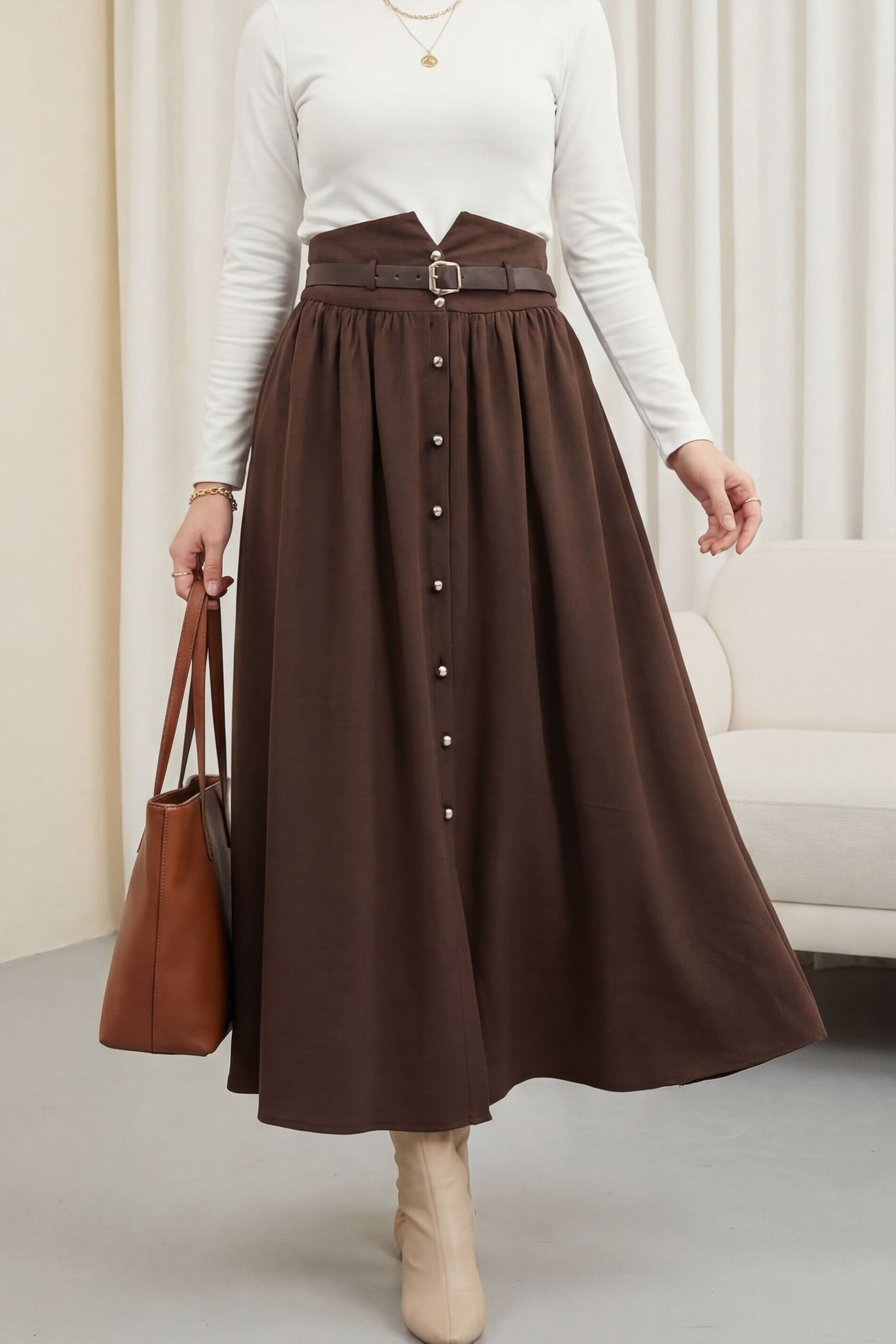 High-Waist Button-Front Modal Skirt with Elastic Waistband and Belt - Brown - Podyumplus - by Peralane