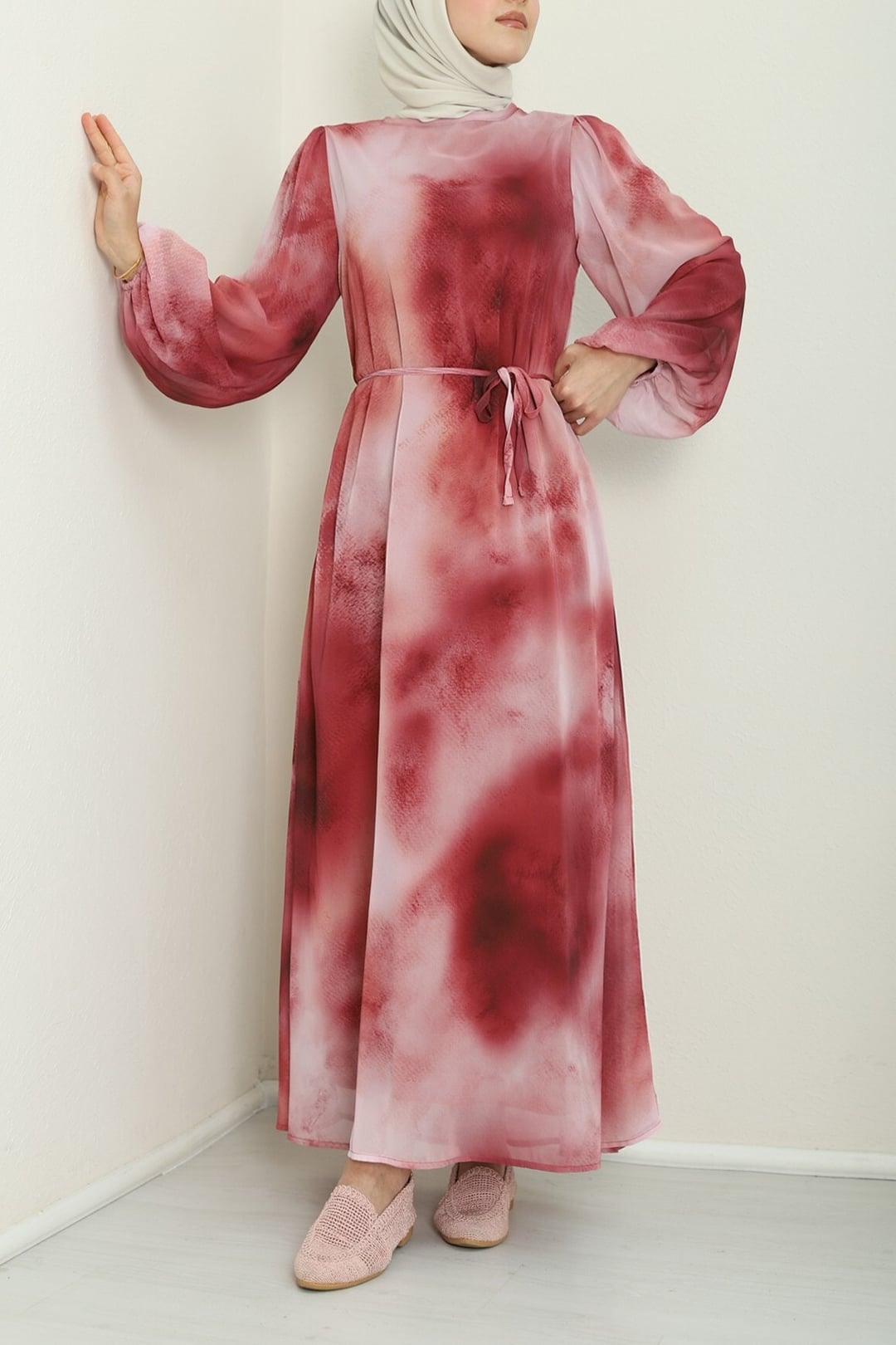 Batik Print Lined Chiffon Dress - Burgundy - Podyumplus - by Peralane