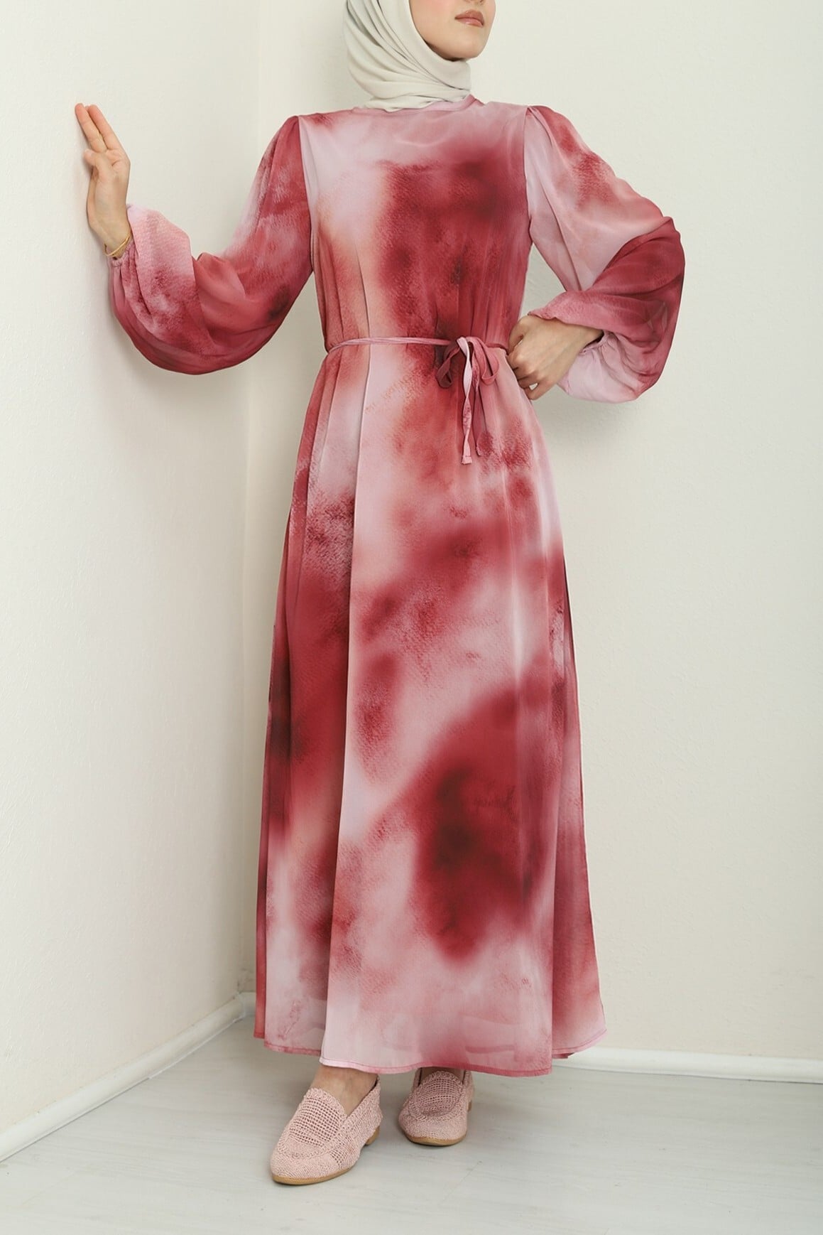 Batik Print Lined Chiffon Dress - Burgundy - Podyumplus - by Peralane