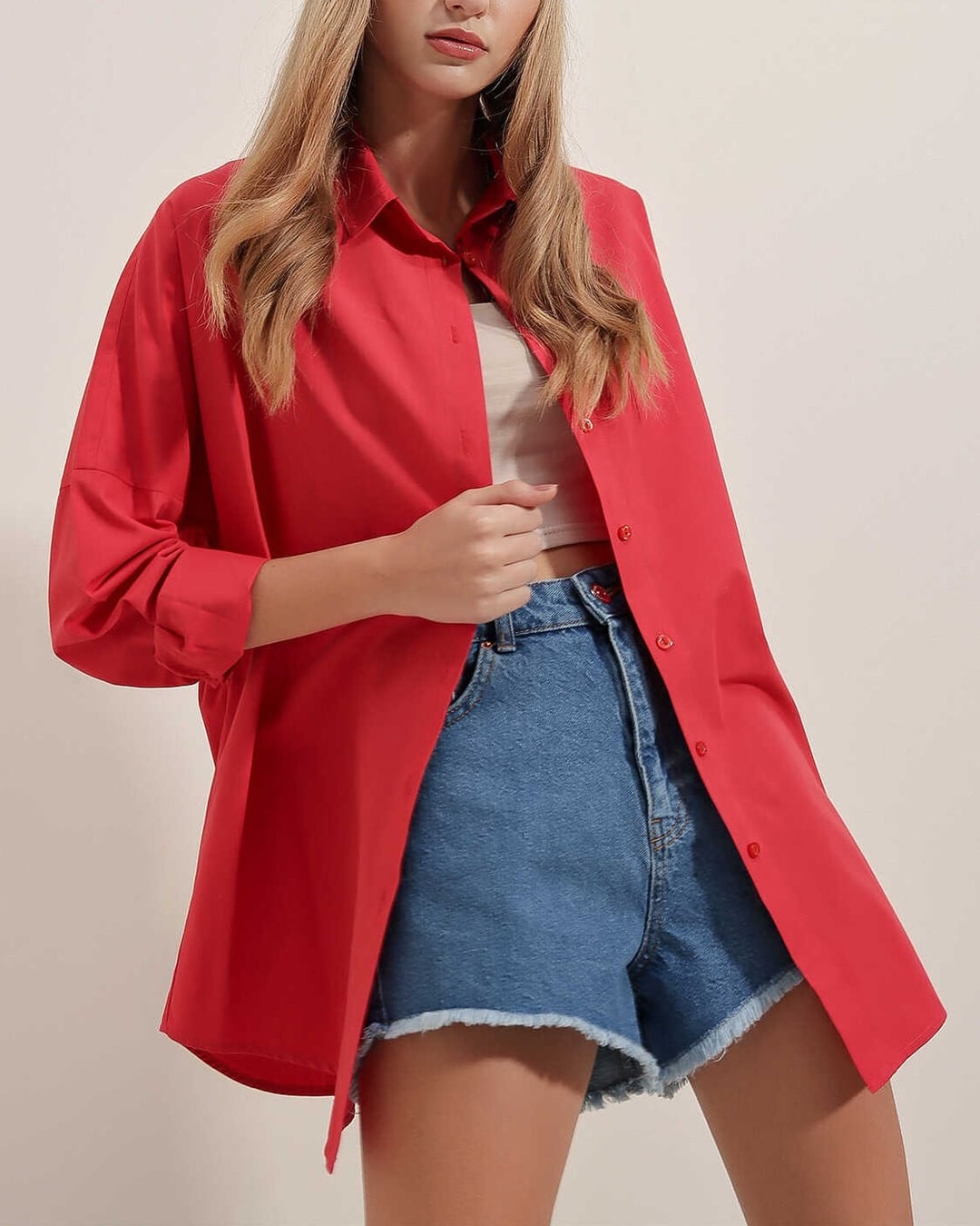 Oversize Long Basic Shirt - Red - Bigdart - by Peralane - photo 3