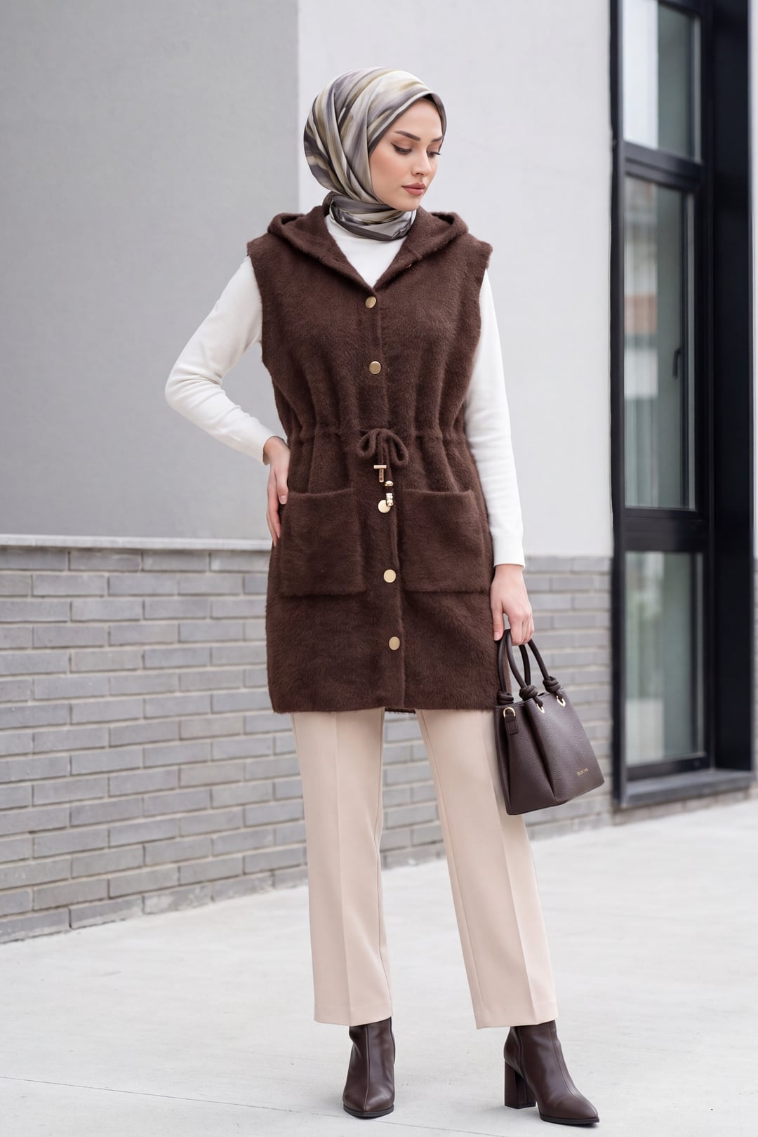 Hooded Double Pocket Belted Drawstring Faux Fur Vest - Brown - Podyumplus - by Peralane - photo 4