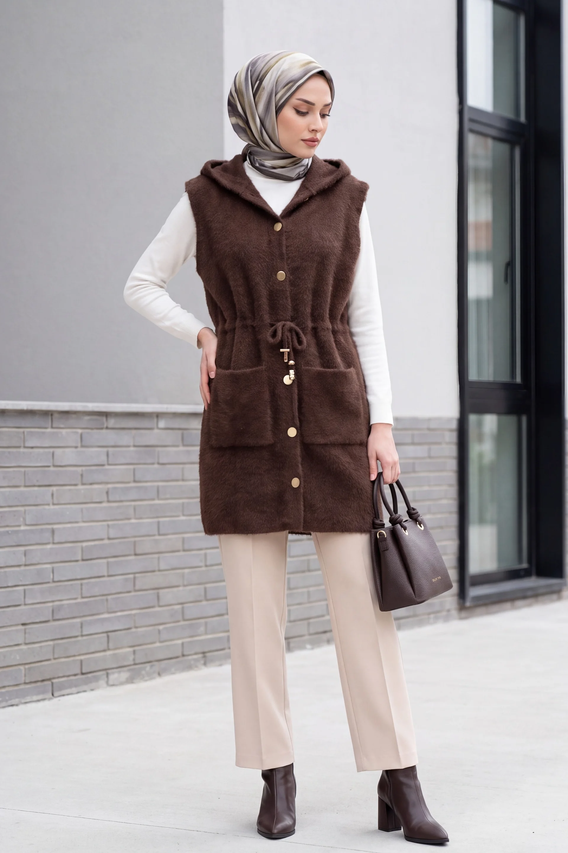 Hooded Double Pocket Belted Drawstring Faux Fur Vest - Brown - Podyumplus - by Peralane - photo 4
