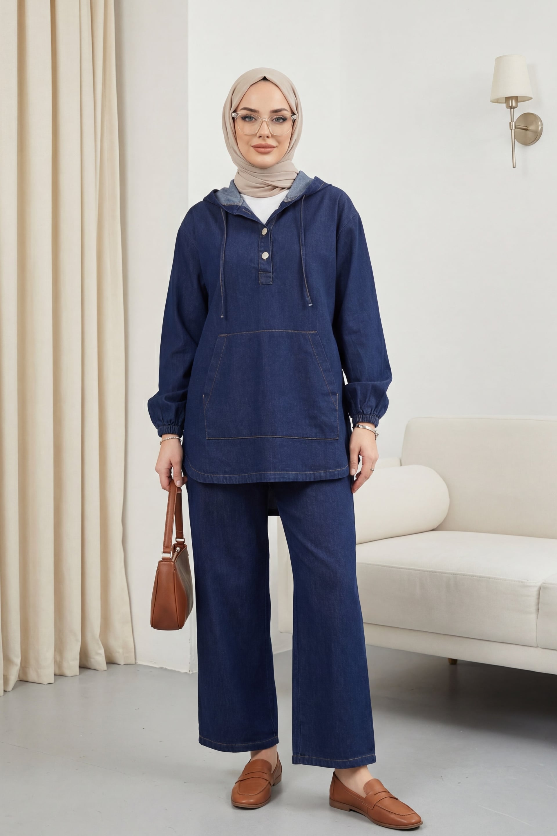 Hooded Half-Button Kangaroo Pocket Denim Set - Dark Navy - Podyumplus - by Peralane - photo 5