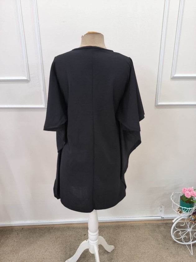 Women's Black V-Neck Short Sleeve Flutter Sleeve Crepe Dress - Janes - by Peralane - photo 8