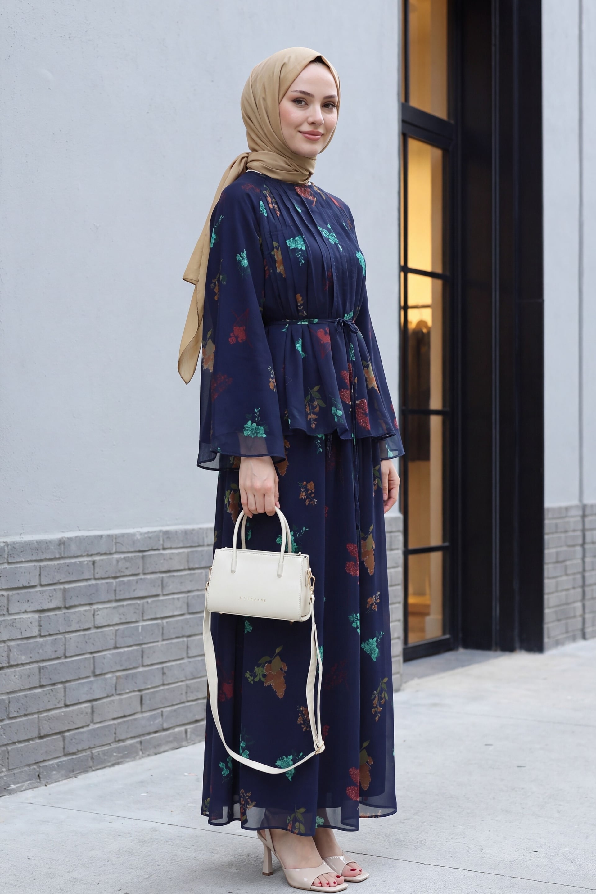 Navy Blue Floral Print Tie Belt Tiered Chiffon Two-Piece Set with Spanish Sleeves - Podyumplus - by Peralane - photo 6