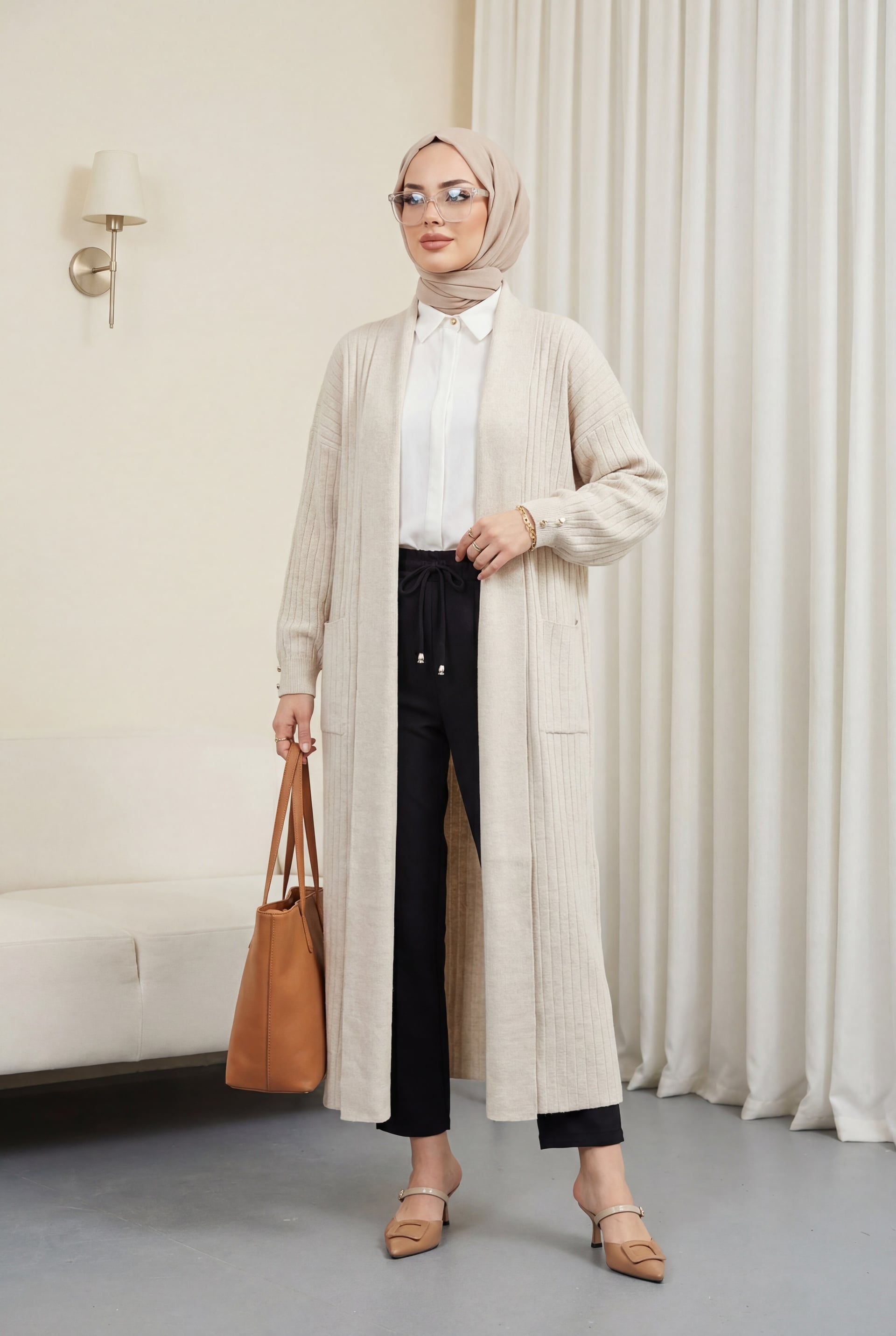 Long Ribbed Knit Cardigan with Button Cuff Detail - Stone - Podyumplus - by Peralane