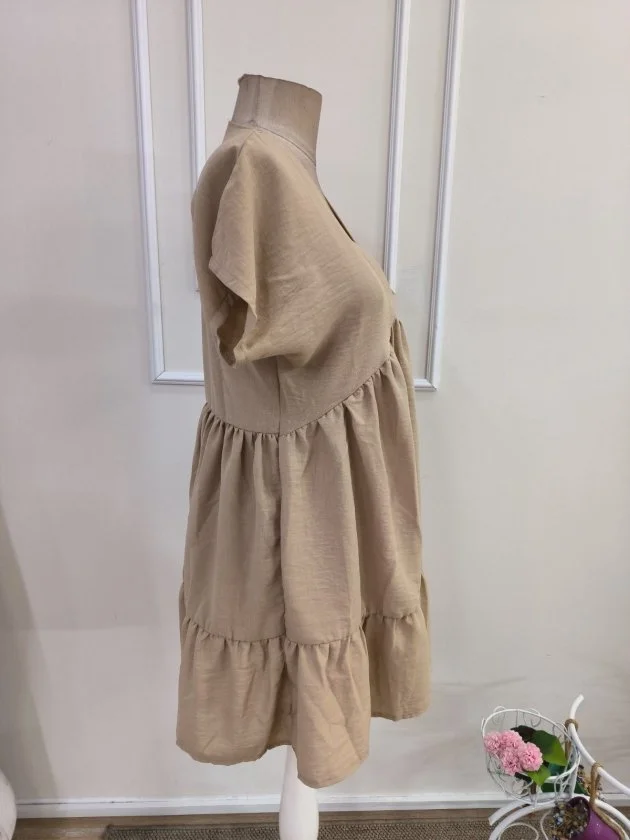 Women's Beige V-Neck Short Sleeve Flutter Sleeve Tiered Ruffle Dress - Janes - by Peralane - photo 5