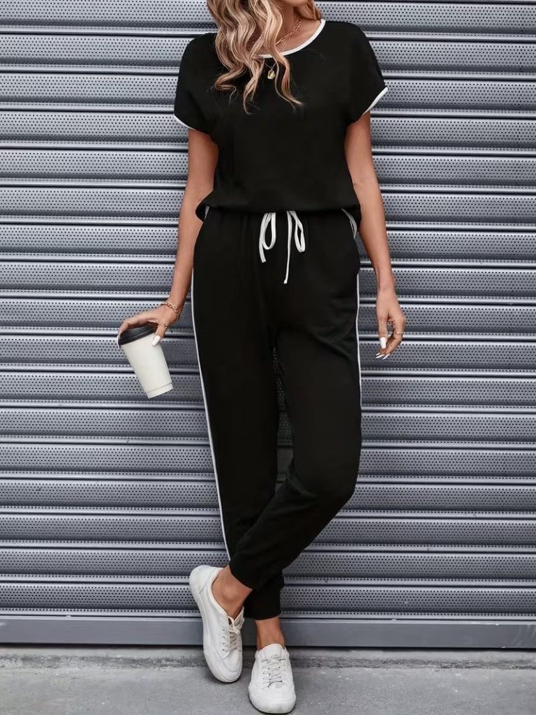 Women's Short Sleeve Round Neck Striped Viscose Two-Thread Blouse and Trousers Two-Piece Set - Janes - by Peralane