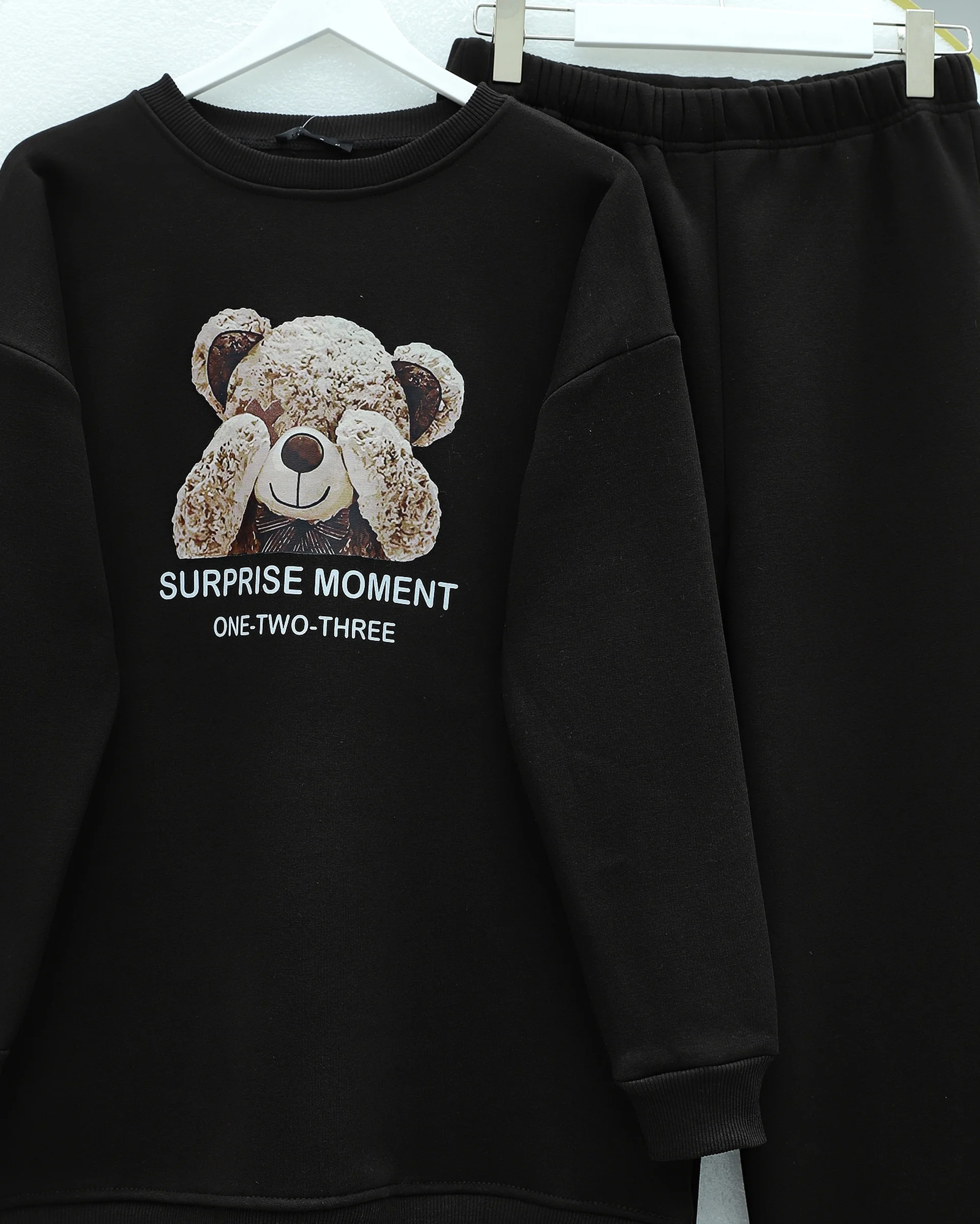 Teddy Bear Print Brushed 3-Thread Sweatshirt and Trousers Set - Black - Podyumplus - by Peralane - photo 4