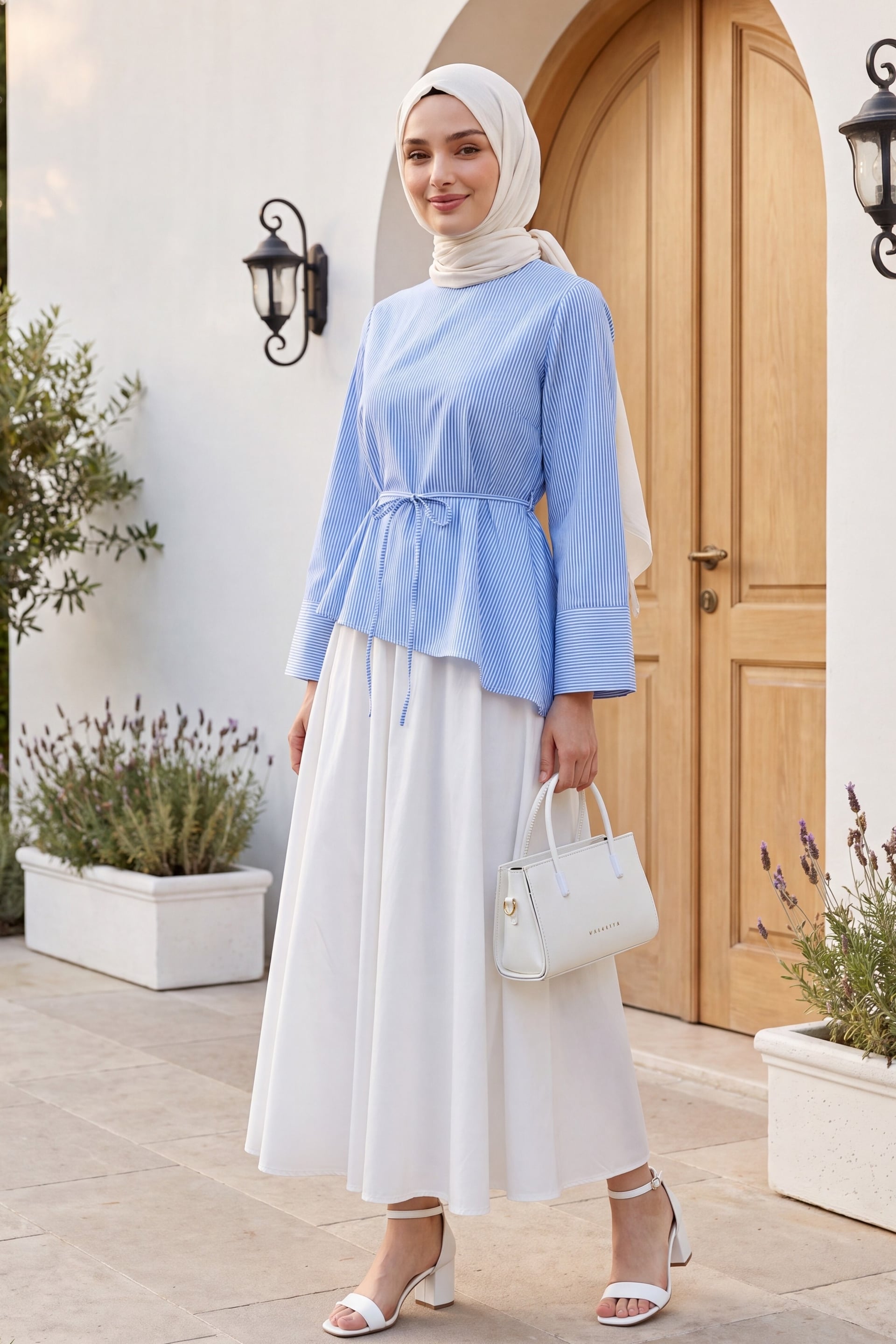 Asymmetric Tie-Waist Striped Polycotton Blouse - Blue - Podyumplus - by Peralane - photo 5
