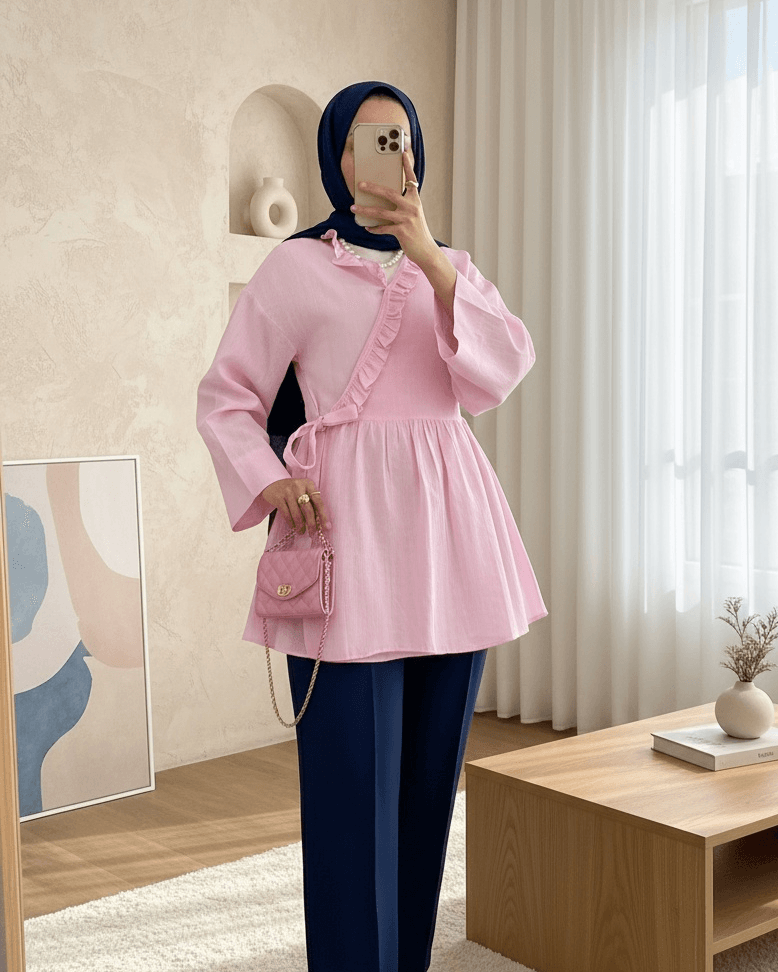 Ruffled Trim Tie-Side Linen Look Kimono - Pink - Podyumplus - by Peralane - photo 3