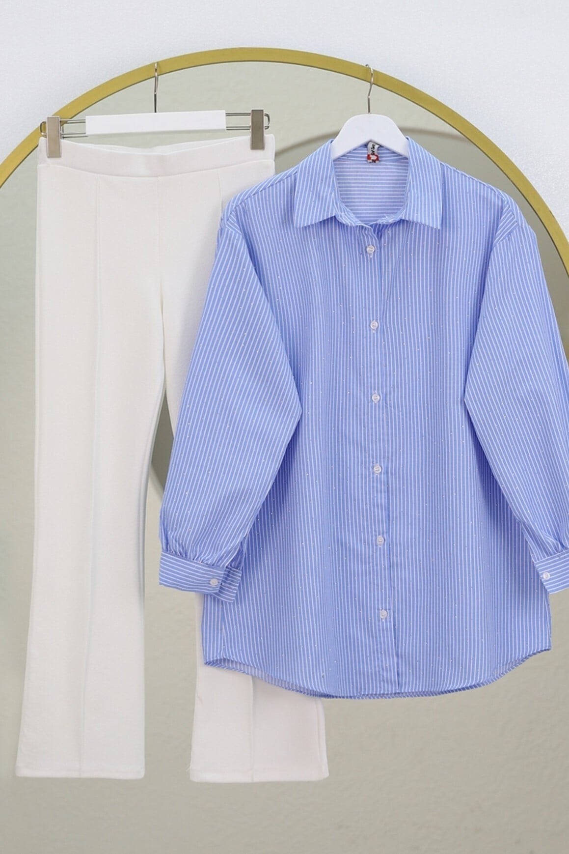 Blue Striped Long-Sleeve Blouse with Scattered Stone Details - Podyumplus - by Peralane - photo 9