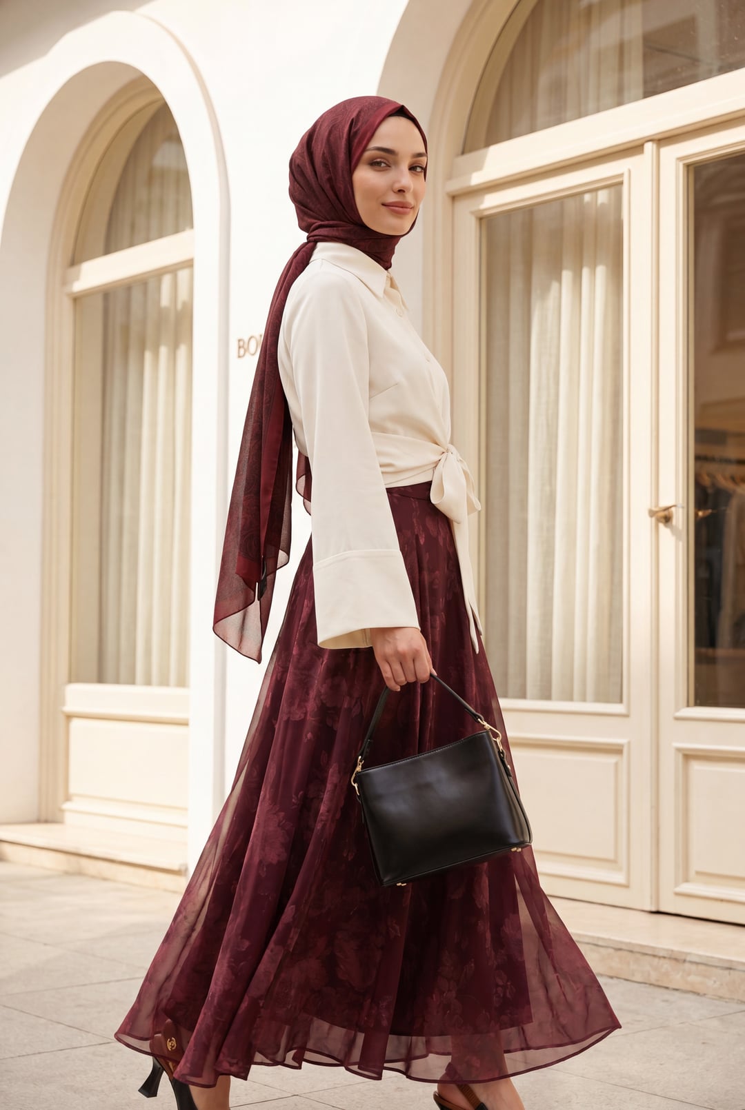 Side-Zip Patterned Lined Chiffon Skirt - Burgundy - Podyumplus - by Peralane - photo 4