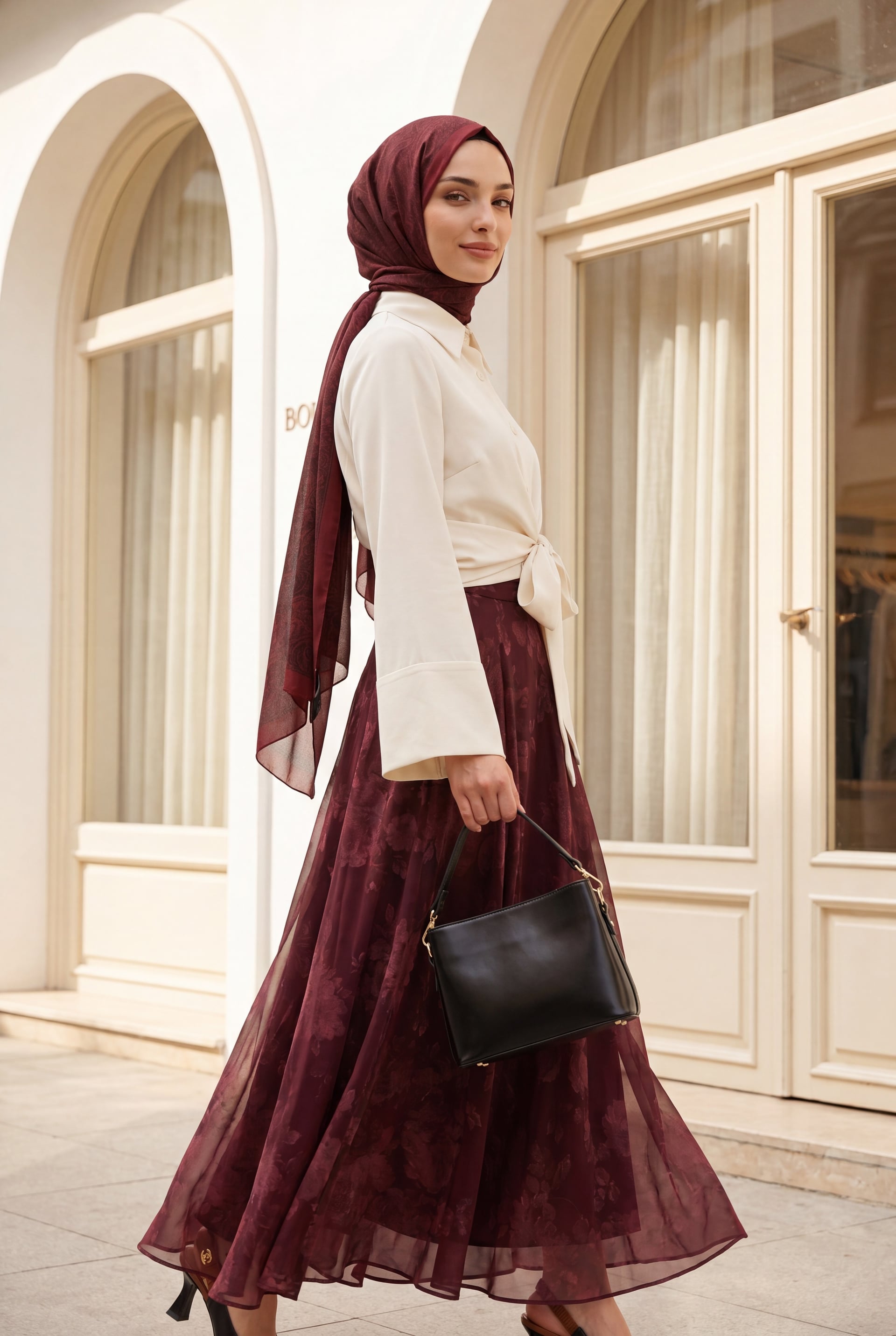 Side-Zip Patterned Lined Chiffon Skirt - Burgundy - Podyumplus - by Peralane - photo 4