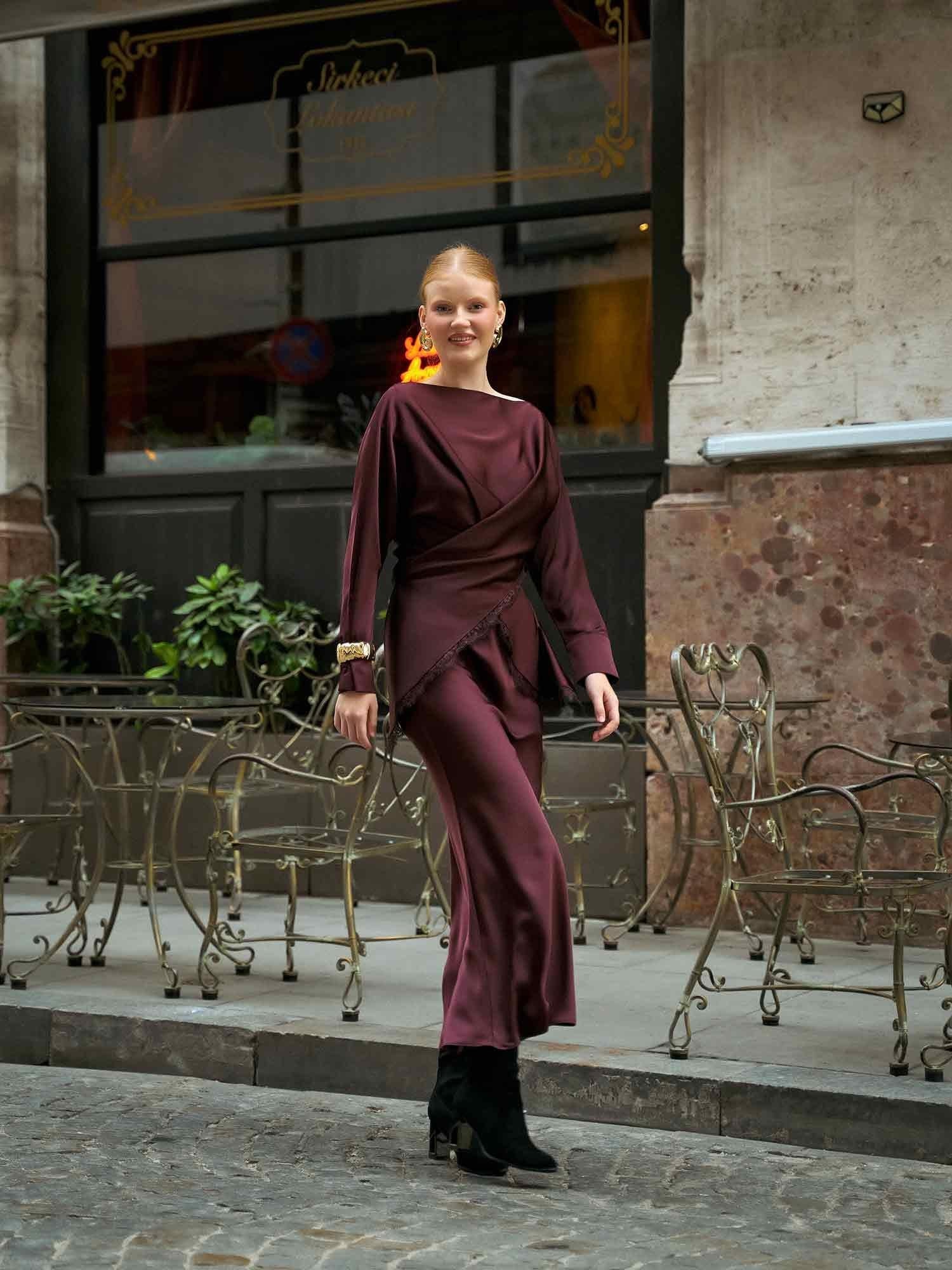 Ruffled Satin Evening Dress with Asymmetric Neckline - Lefon - by Peralane - photo 3